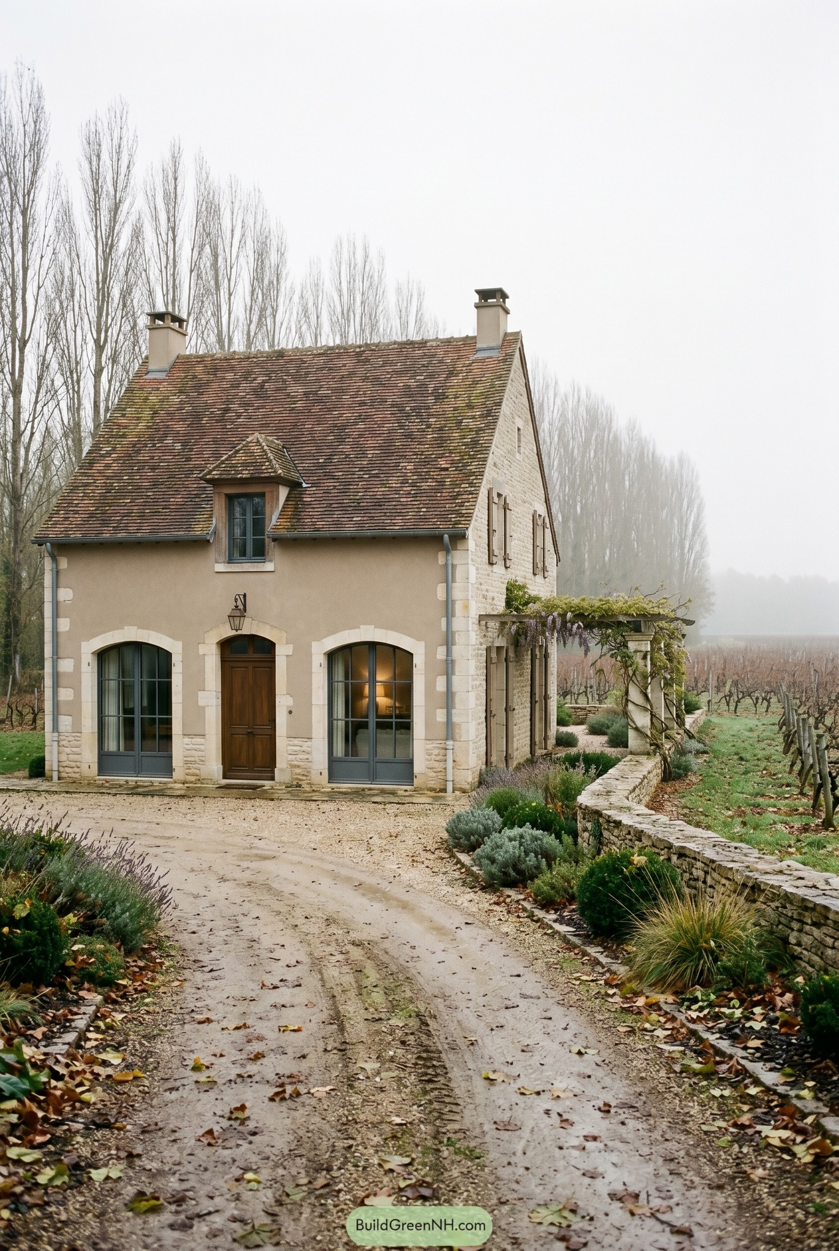 French country house beside a misty vineyard