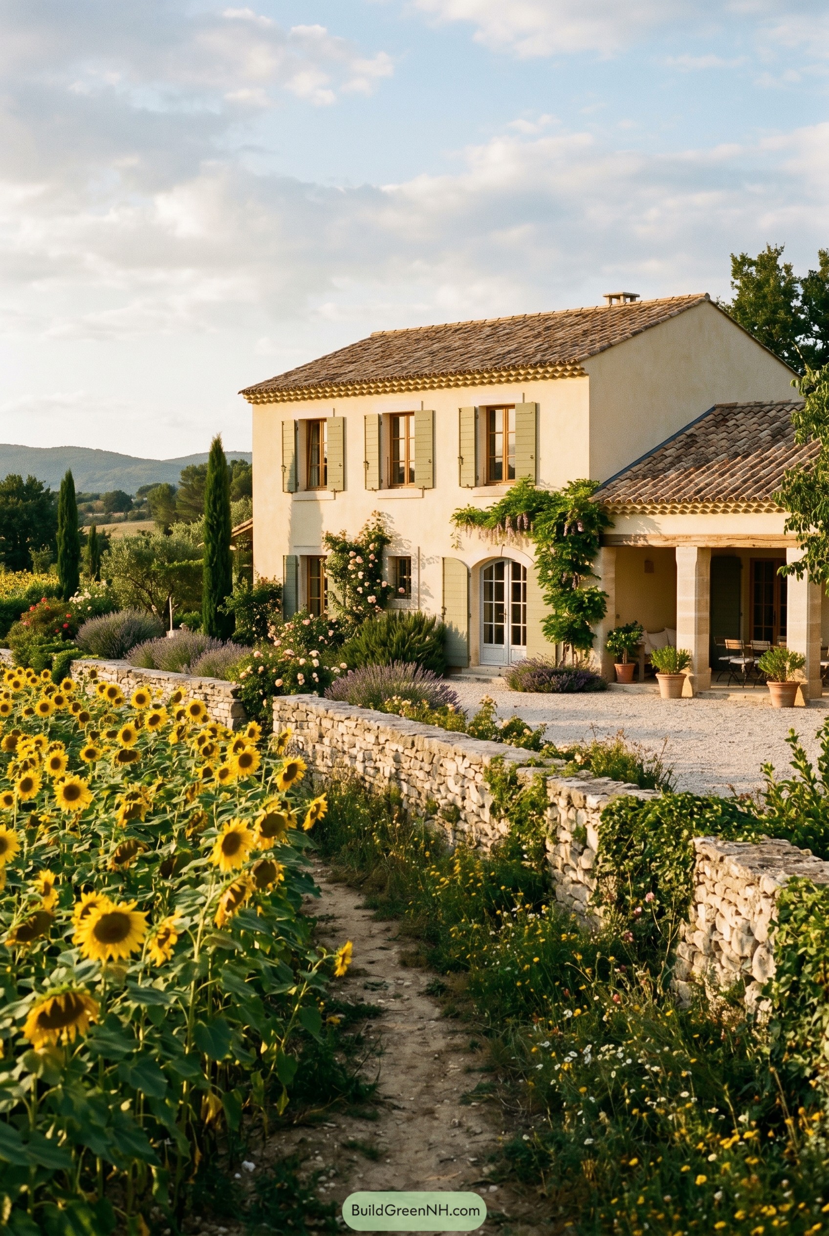 Cream stucco country house with sunflowers