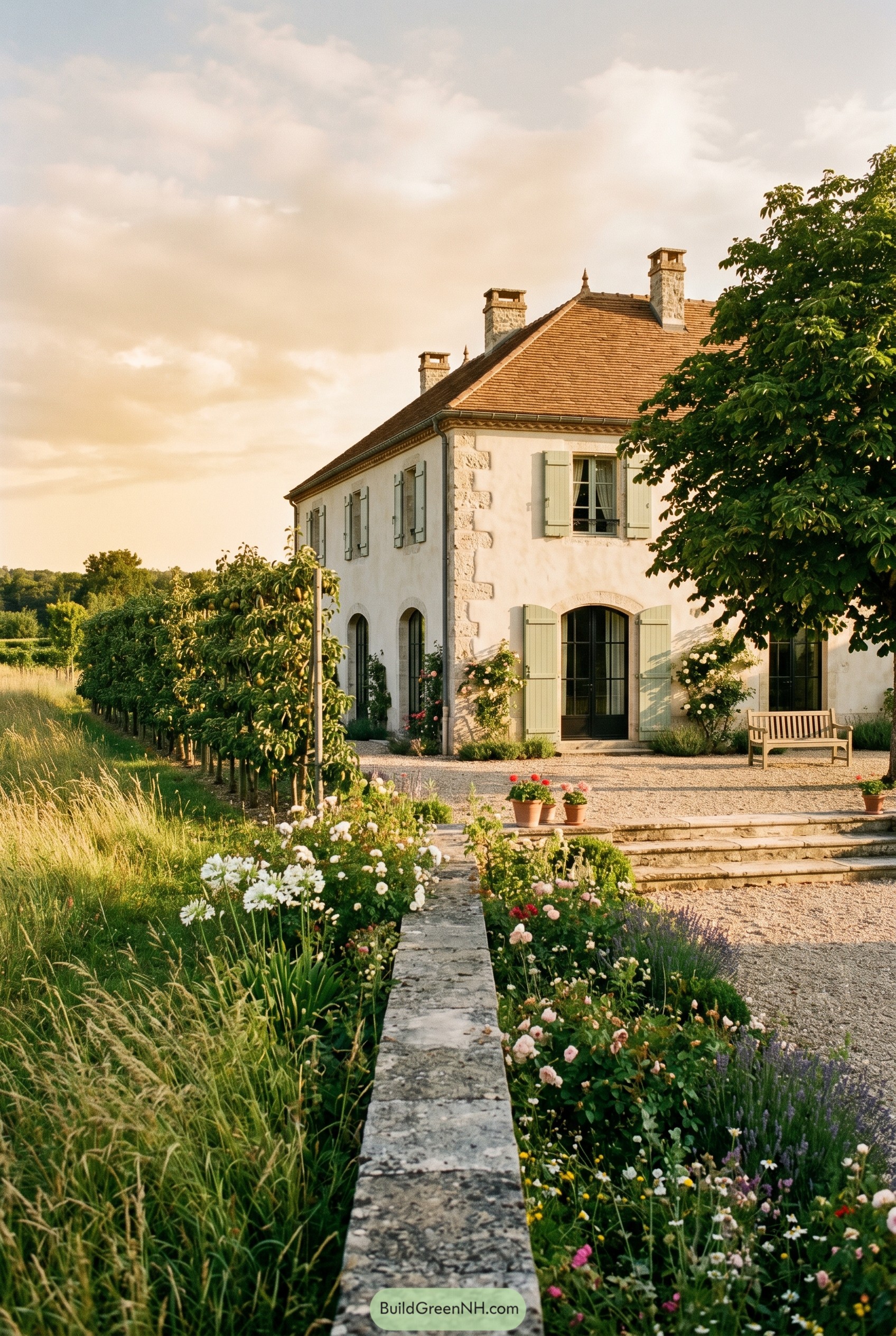 Plastered French country house with green shutters and garden