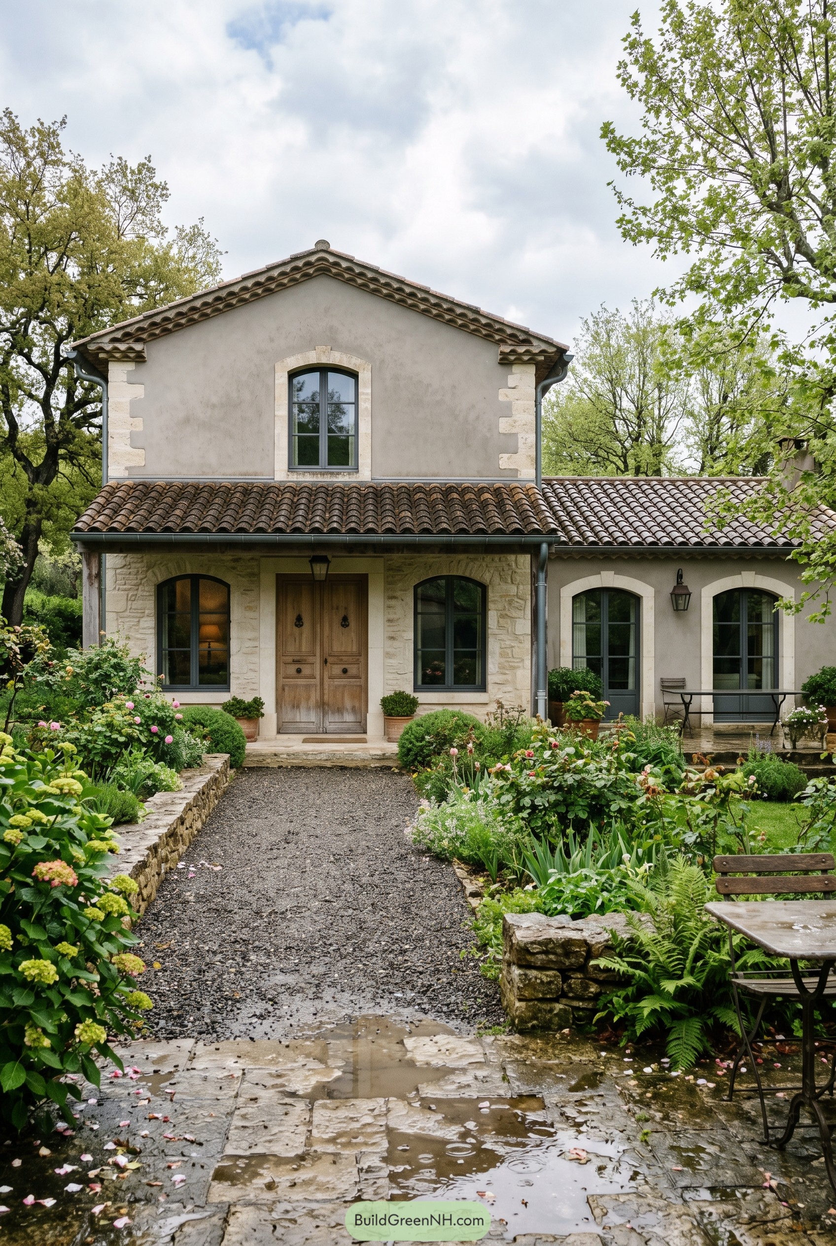 French country house with tiled roof and lush garden path