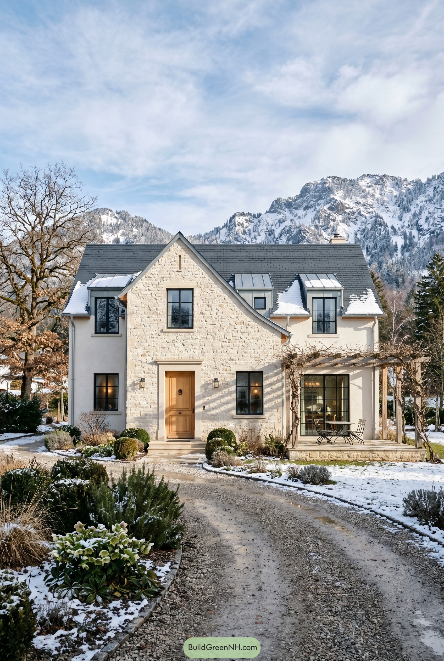 Modern French country house with stone facade and snowy roof
