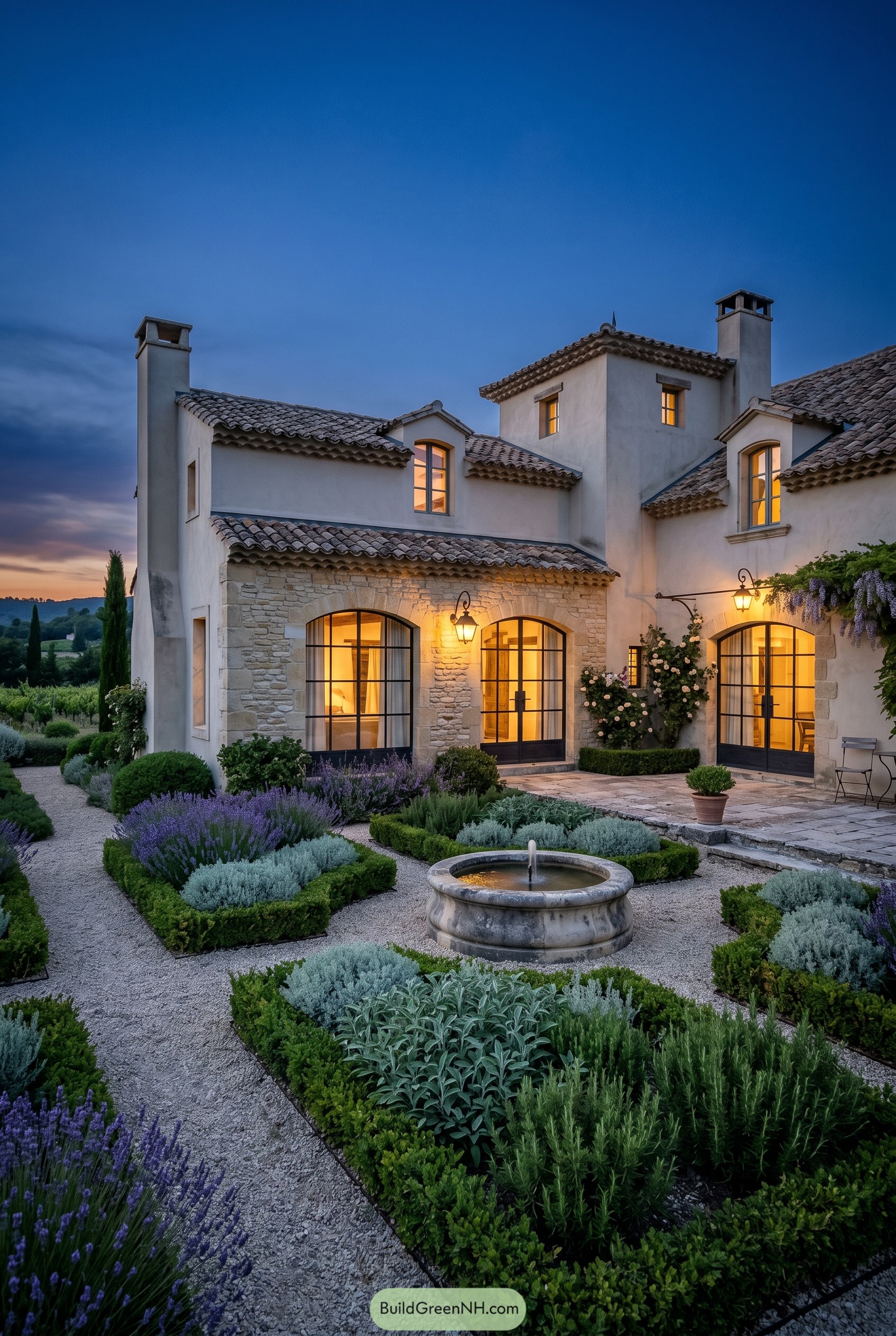 French country house with fountain courtyard