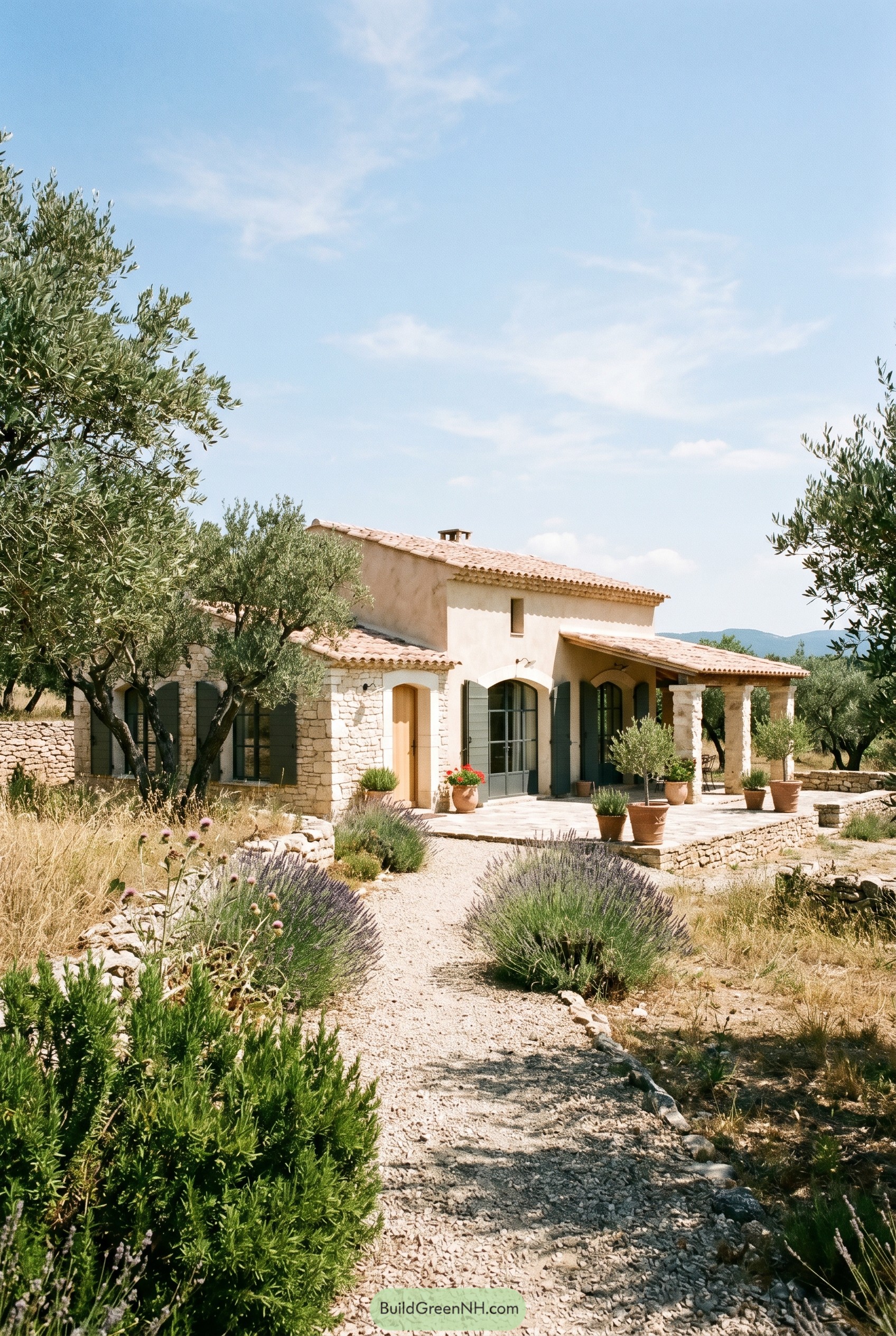 French country house with stone porch and olive trees