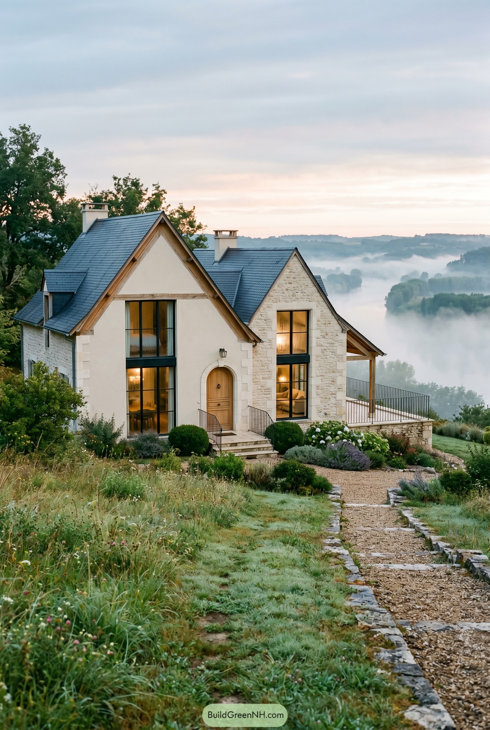 Modern French country house on a misty hill