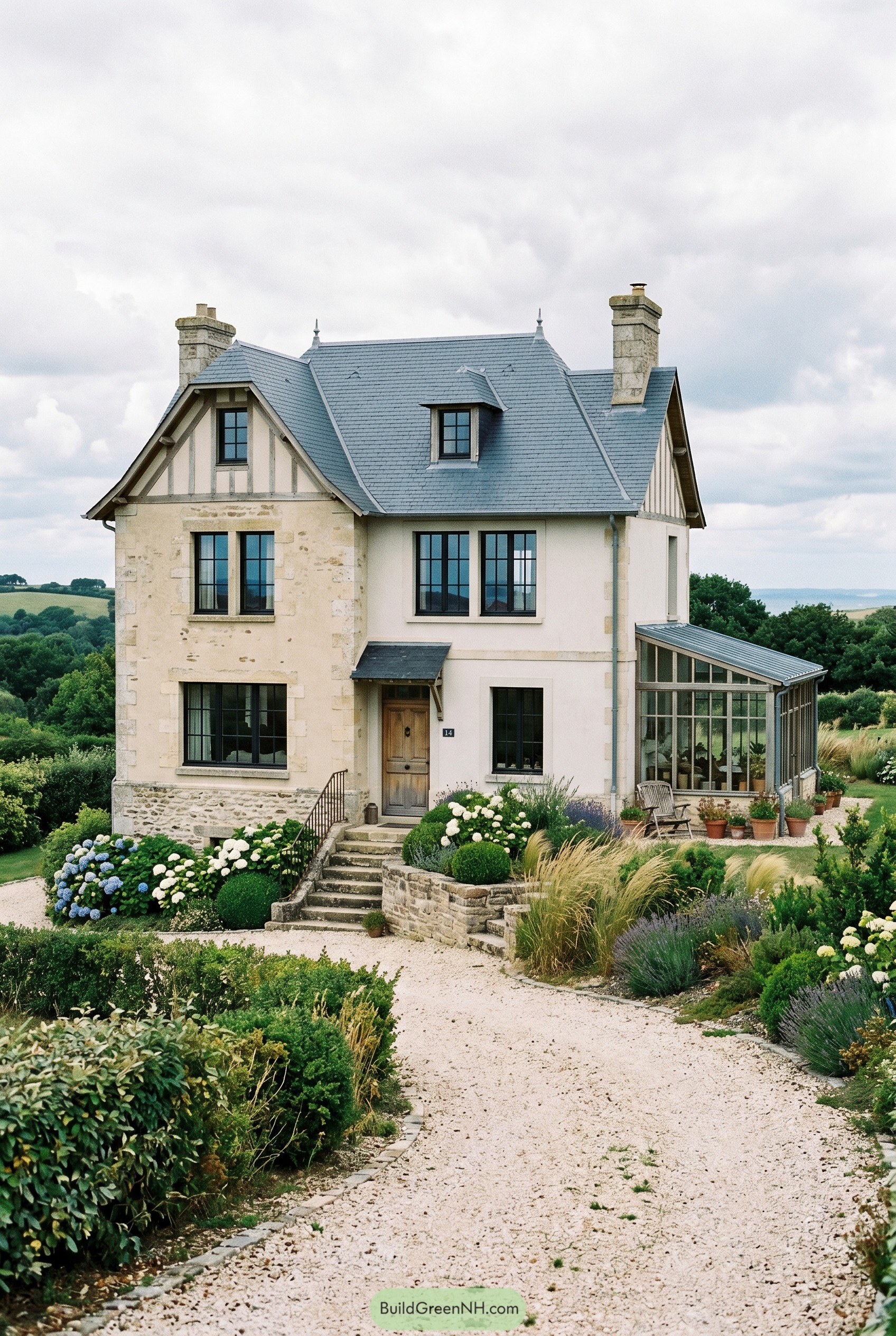 French country house with glass sunroom