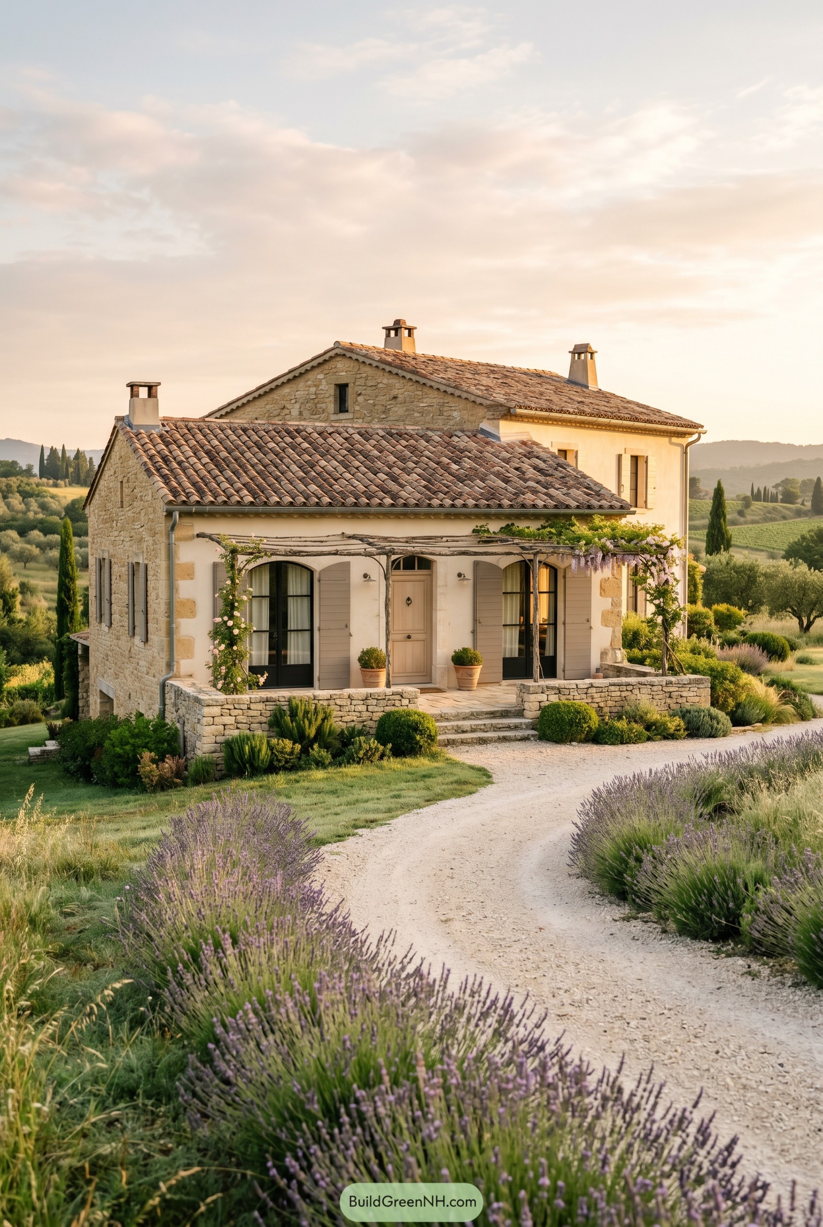 Stone French country house with lavender-lined drive