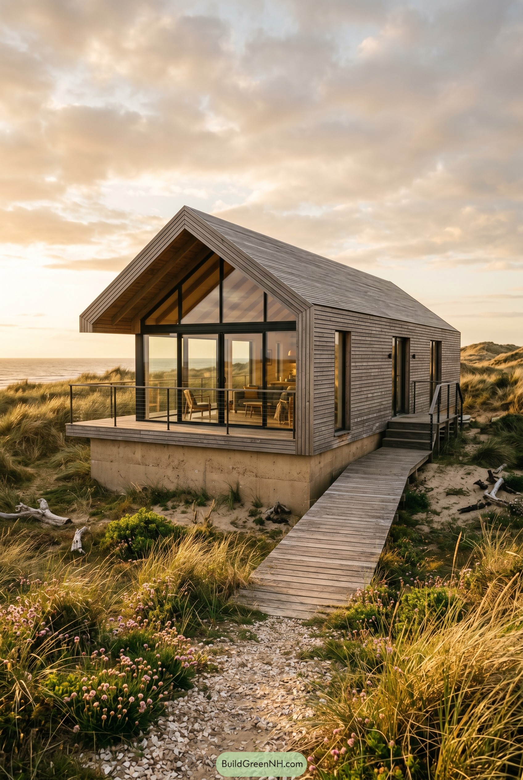 Modern timber gable house on coastal dunes