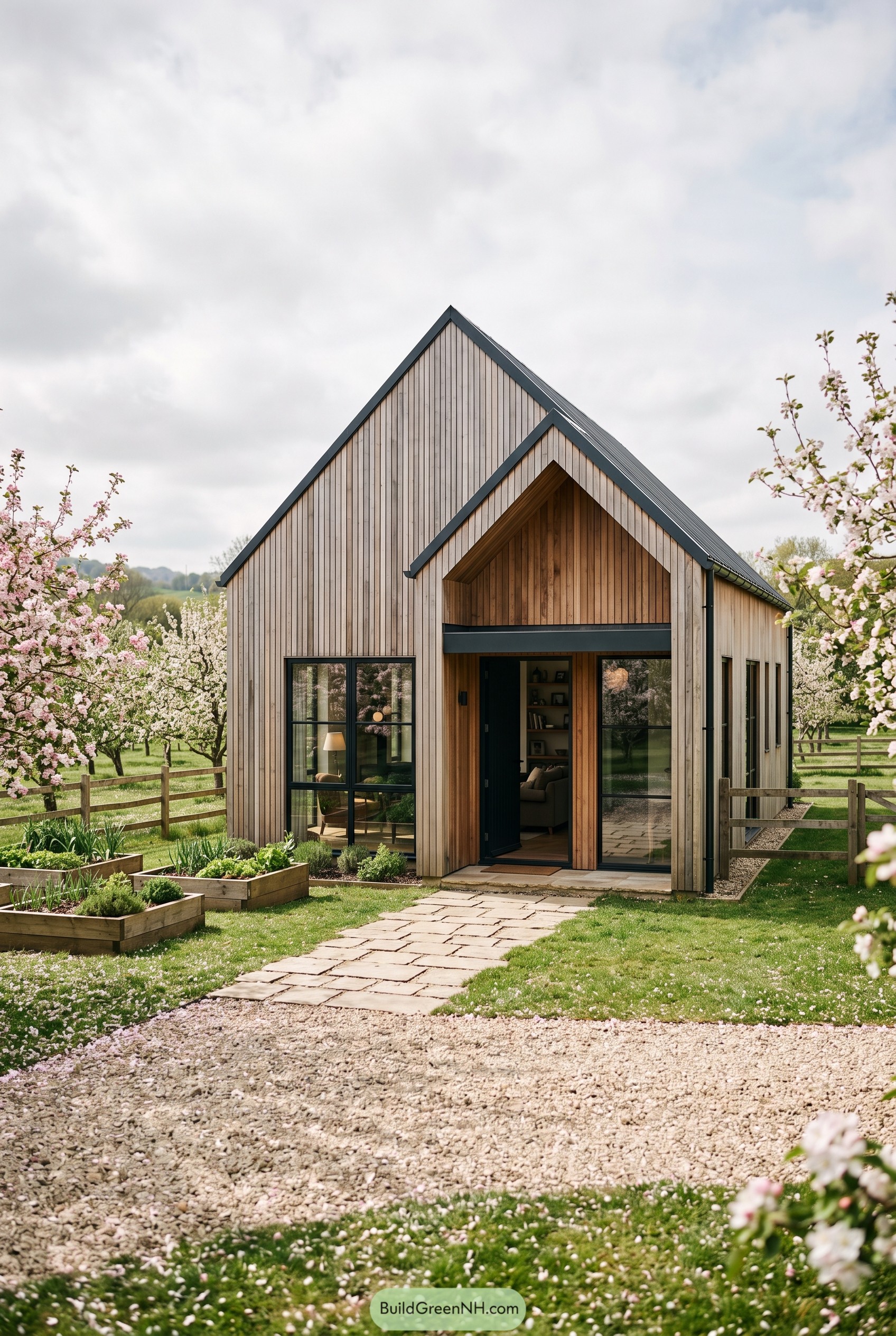 Modern timber gable house in blooming orchard
