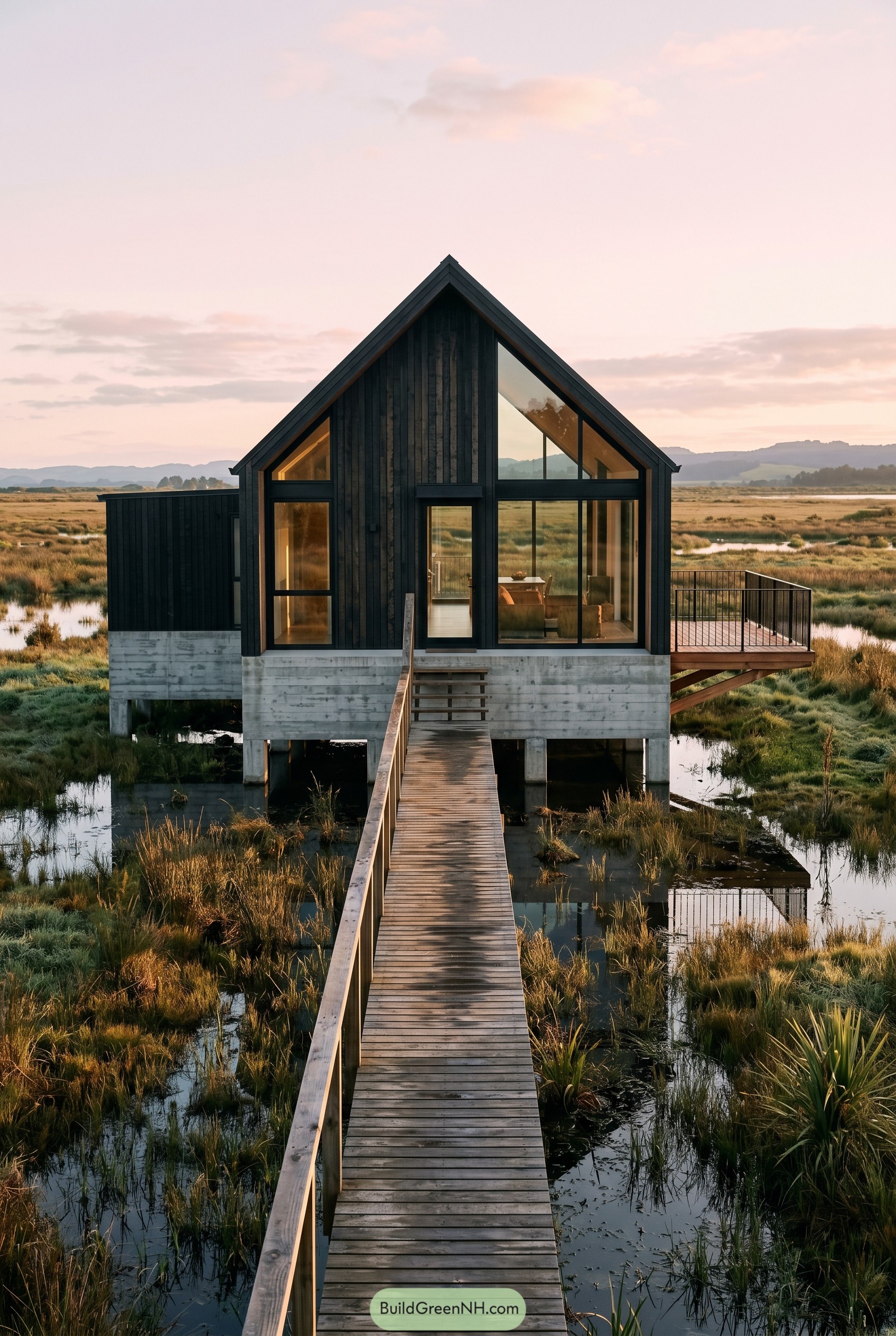 Black timber gable house on marsh stilts