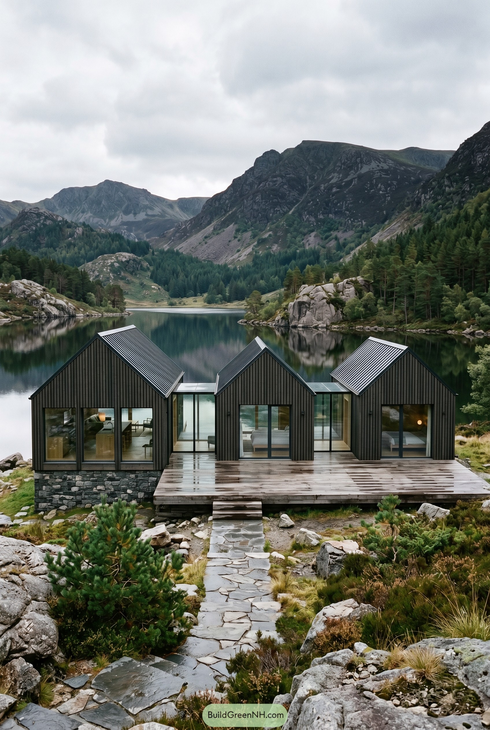 Dark triple gable cabin beside a mountain lake