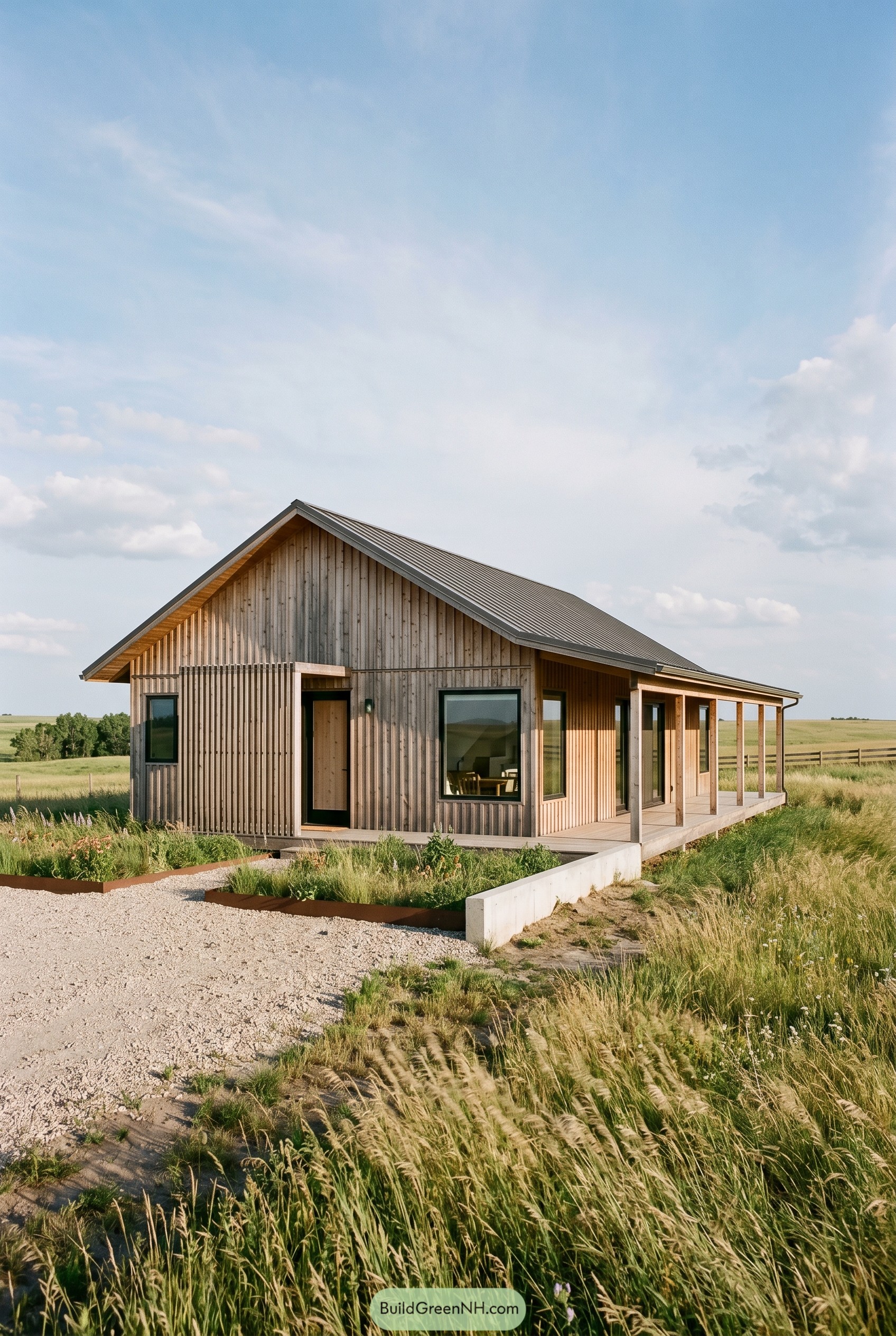 Modern wooden gable house with side porch in tall grass
