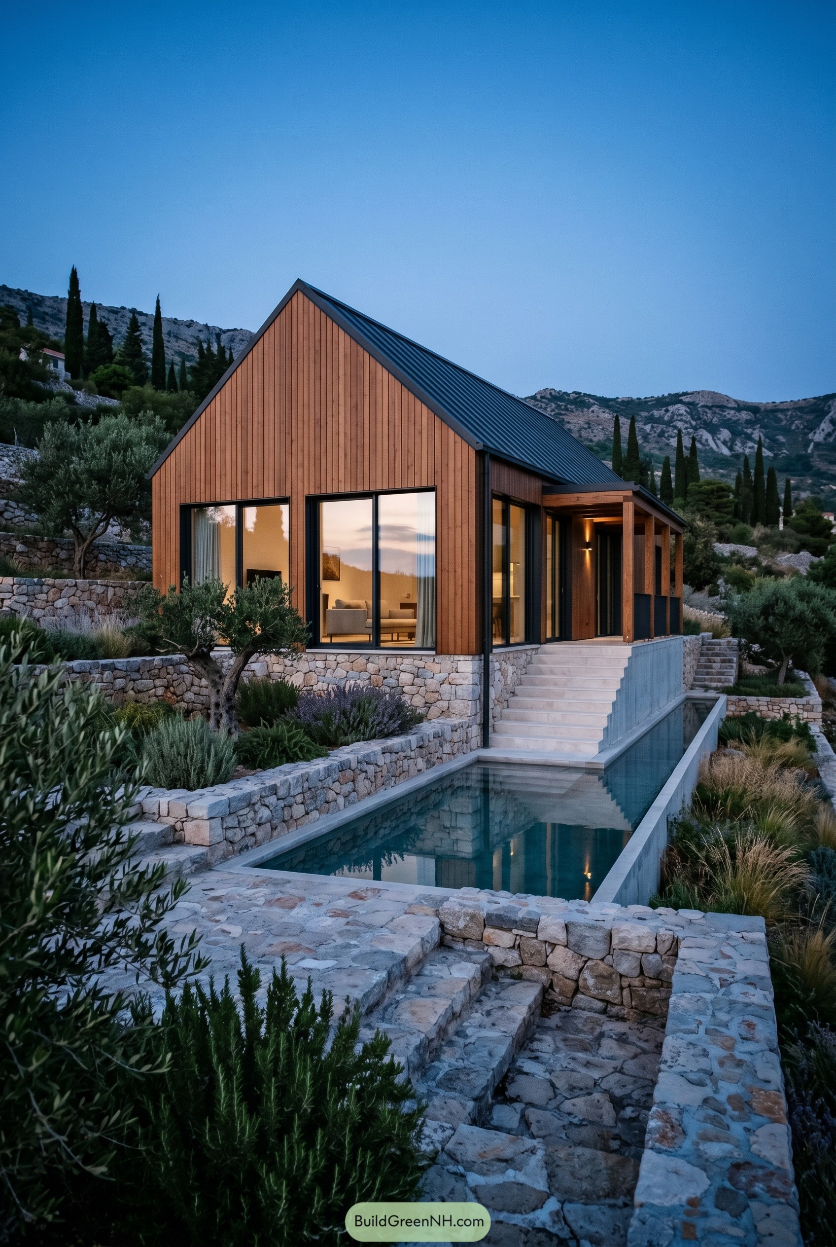 Modern cedar gable house with stone terraces and lap pool
