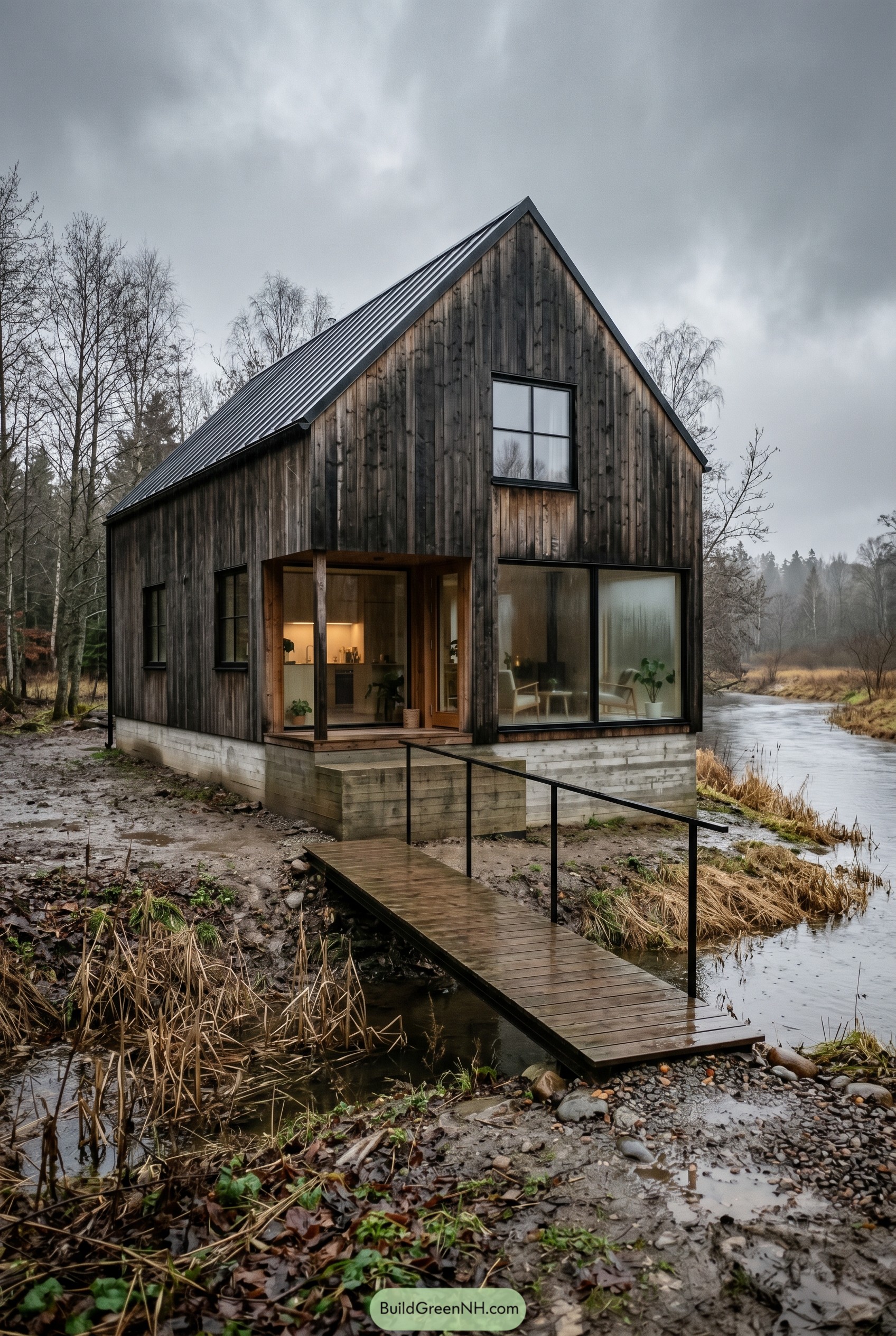 Dark timber gable house by a creek
