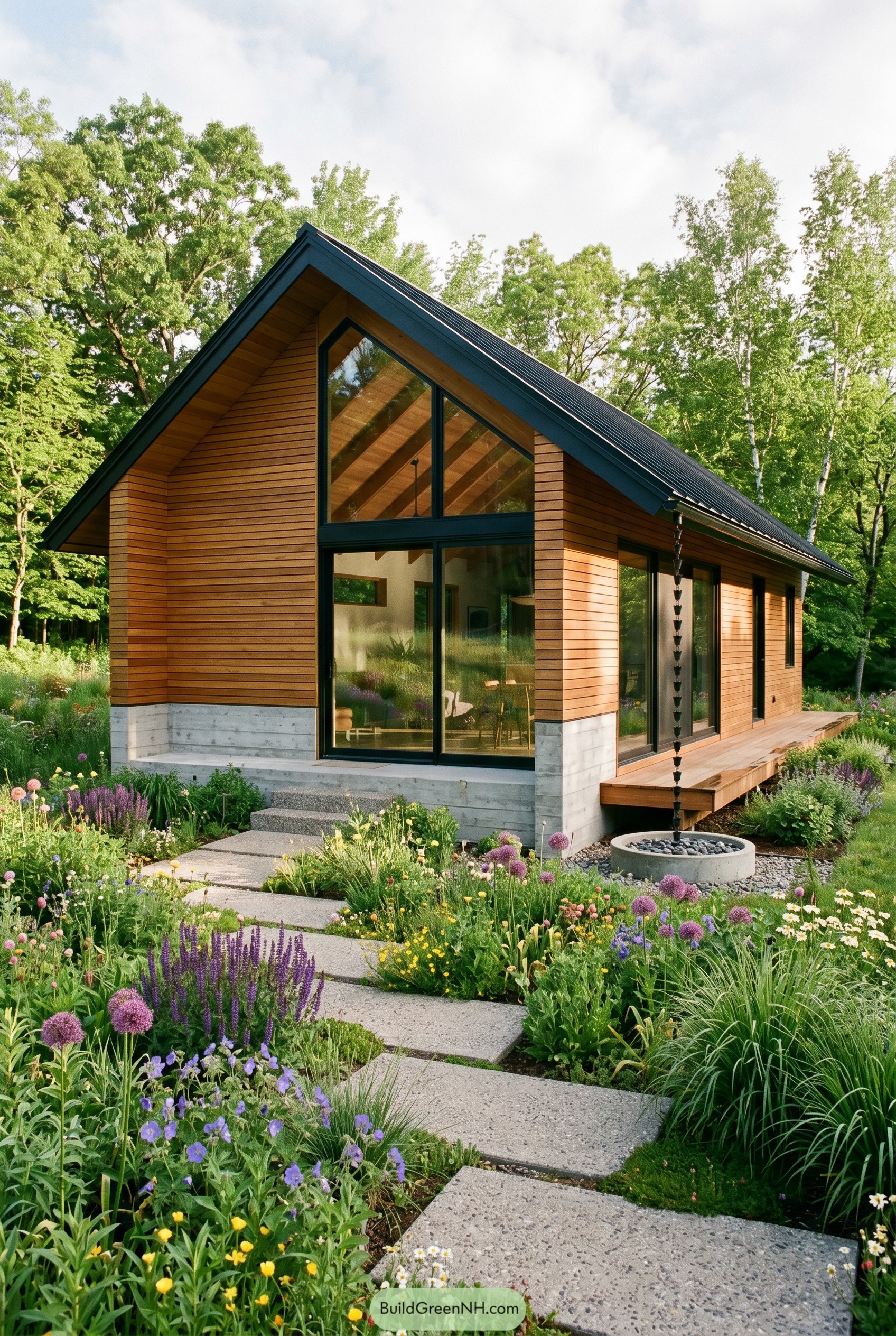 Modern cedar gable house with wildflower garden
