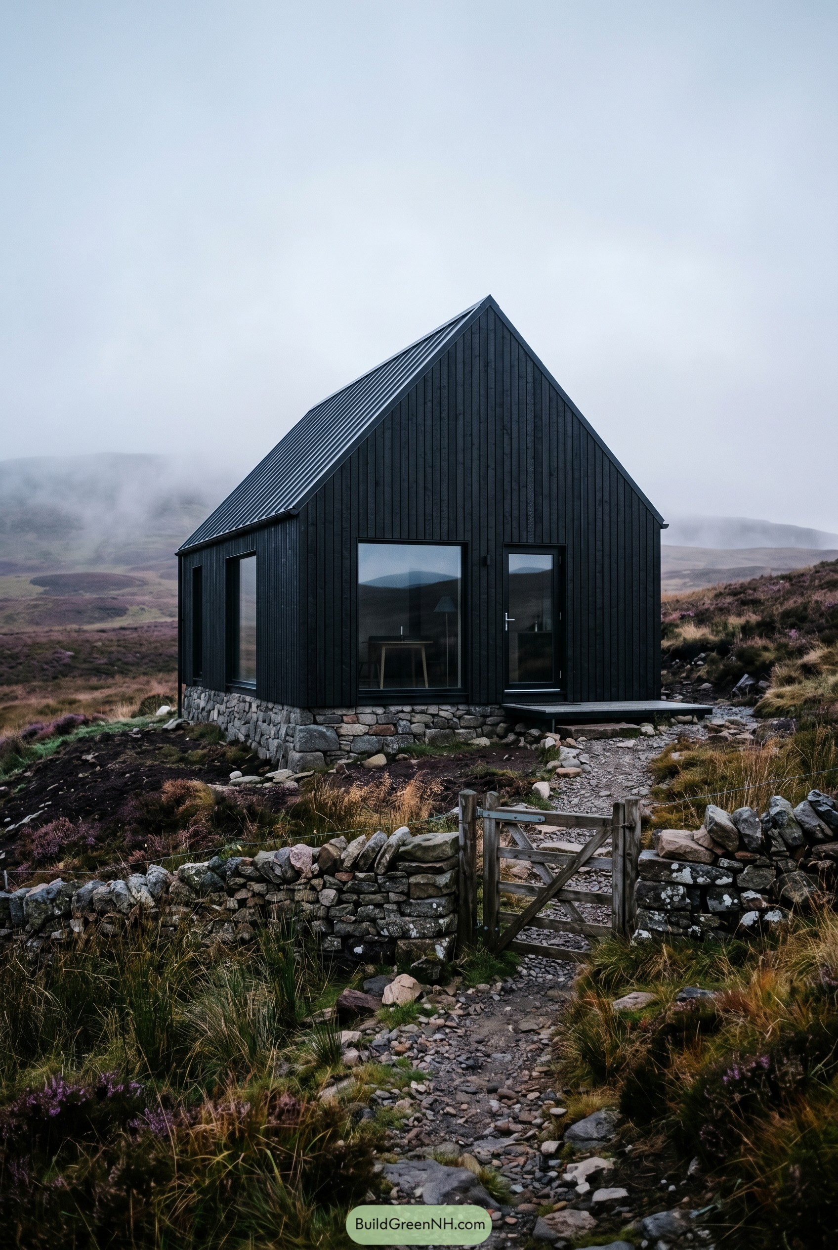 Black timber gable house on misty moor