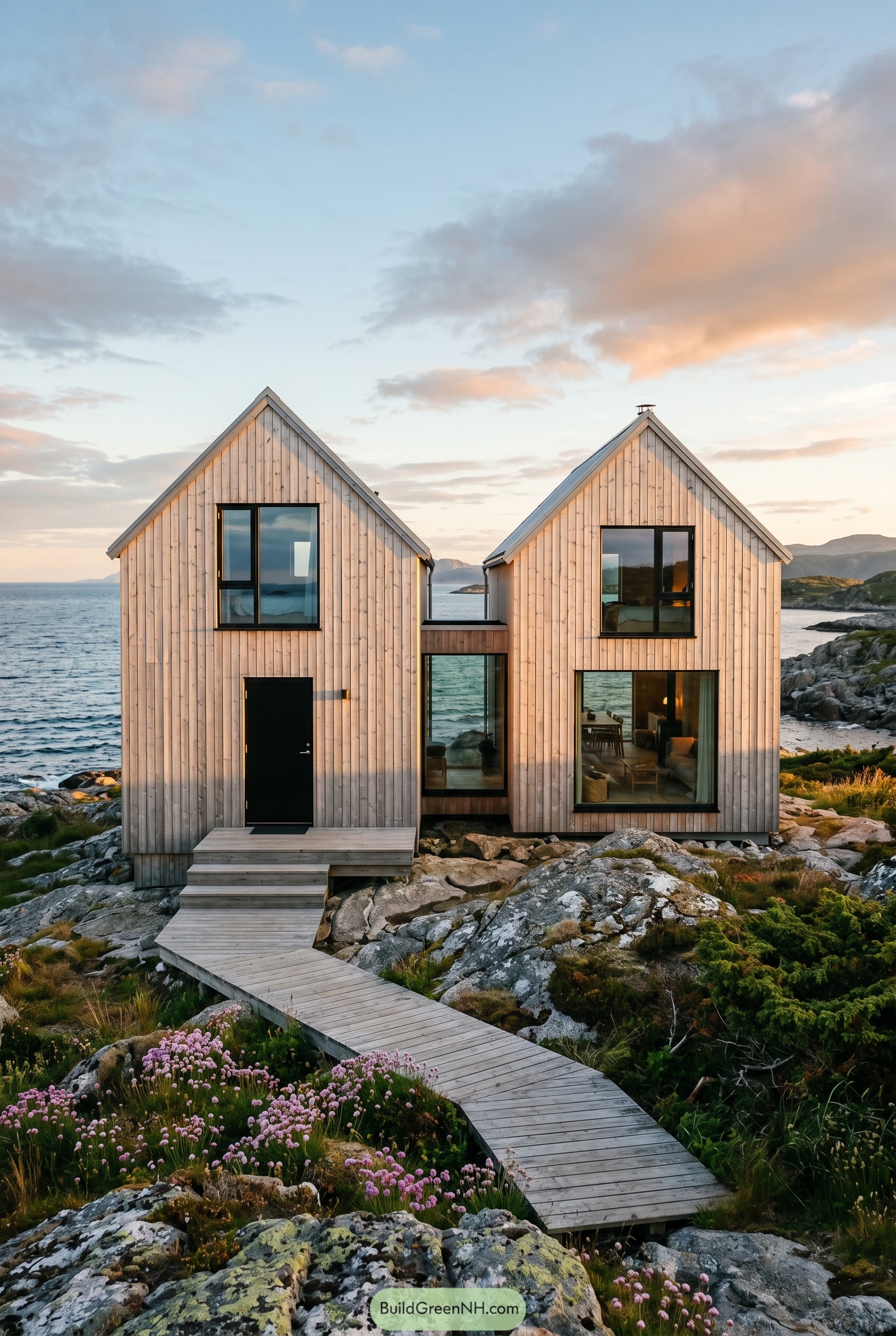 Twin wooden coastal house on rocky shore