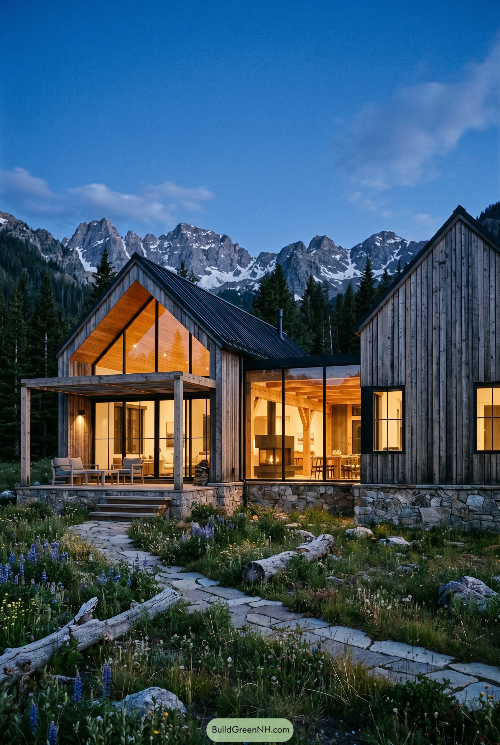 Modern wood gable home with mountains behind