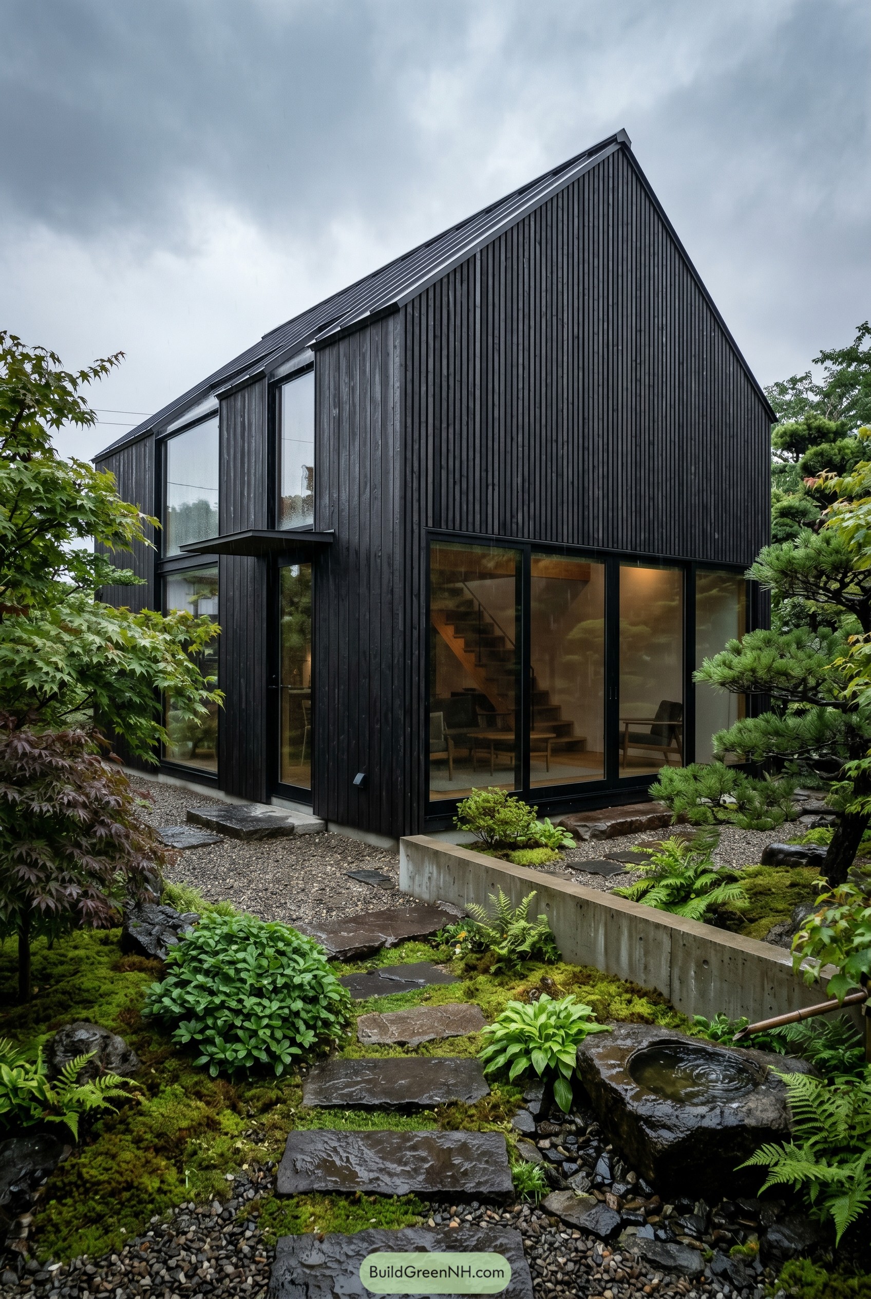 Black timber gable house with moss garden
