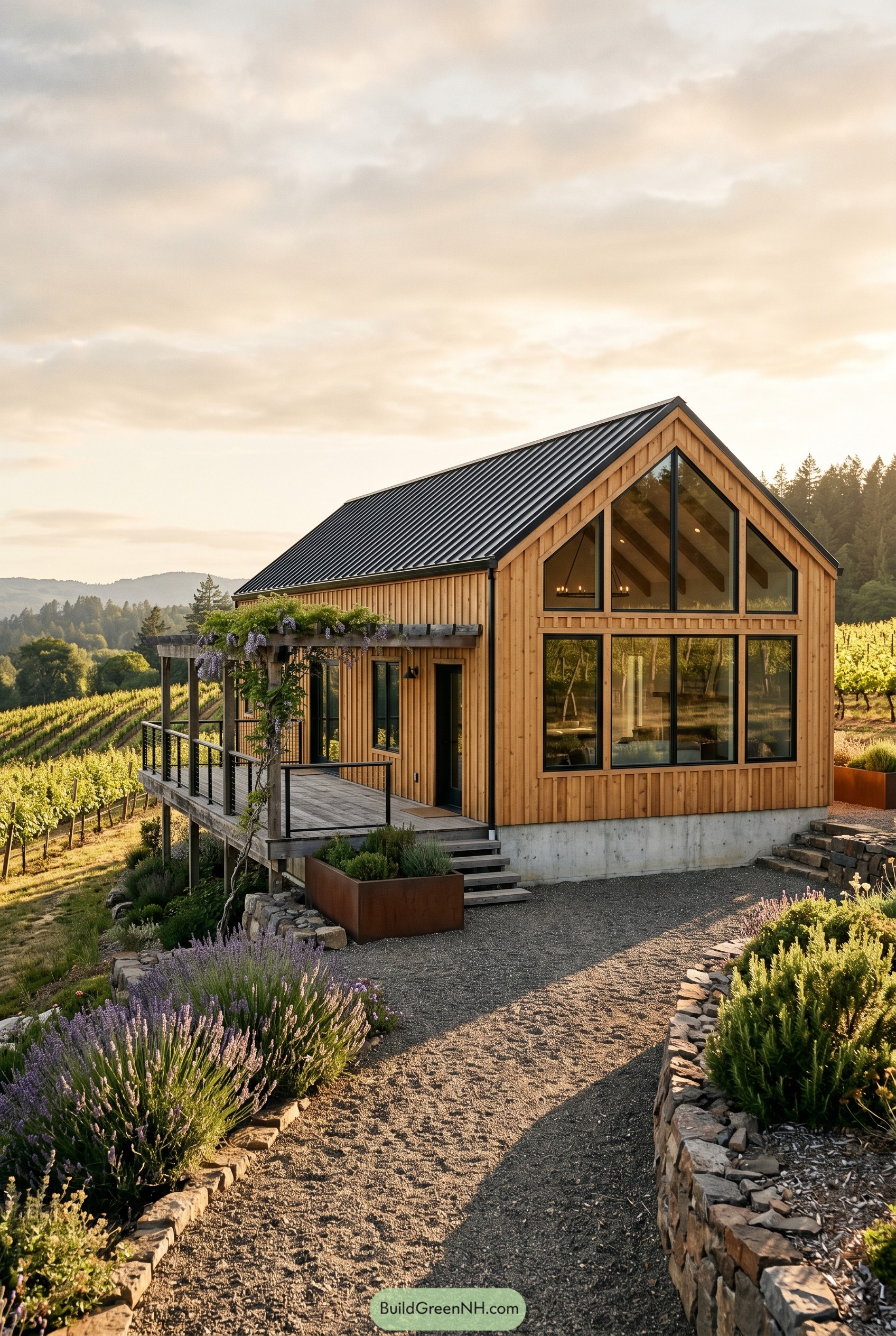 Modern cedar gable house beside vineyard