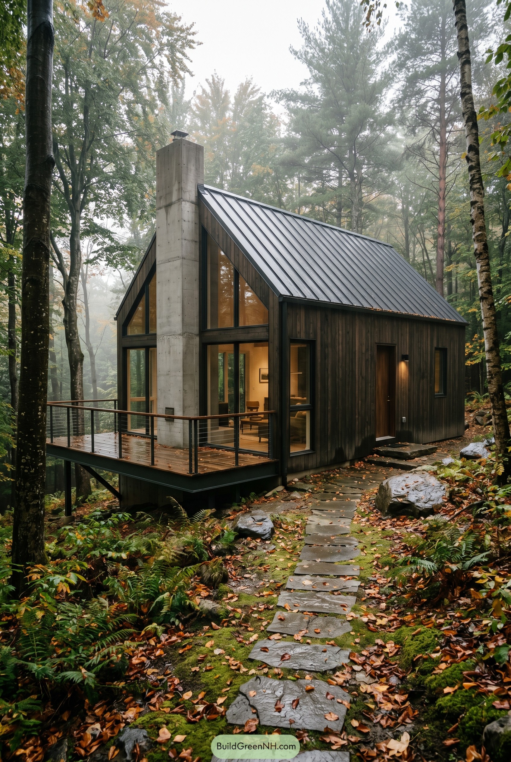 Dark wood gable house in misty forest