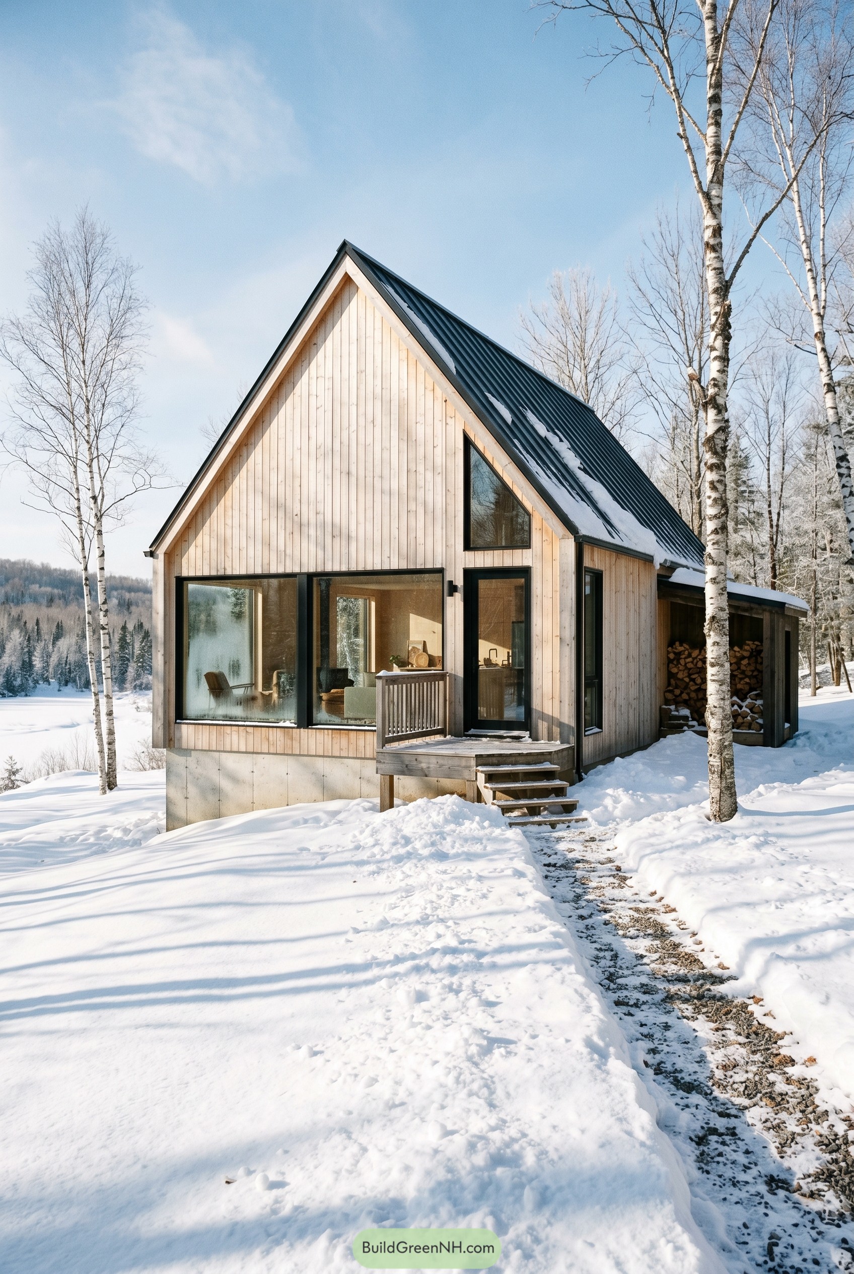 Pale wood gable cabin in snowy birch grove
