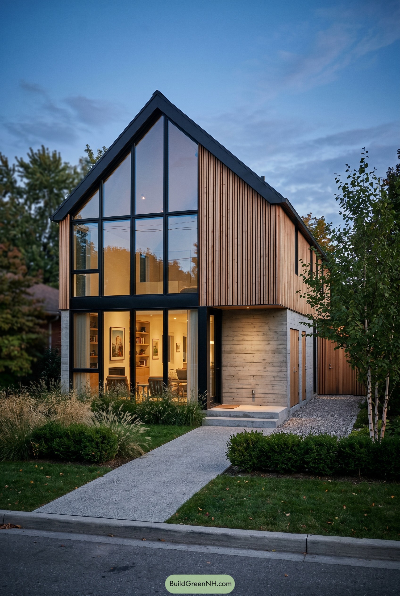 Modern wood gable house with tall front glazing