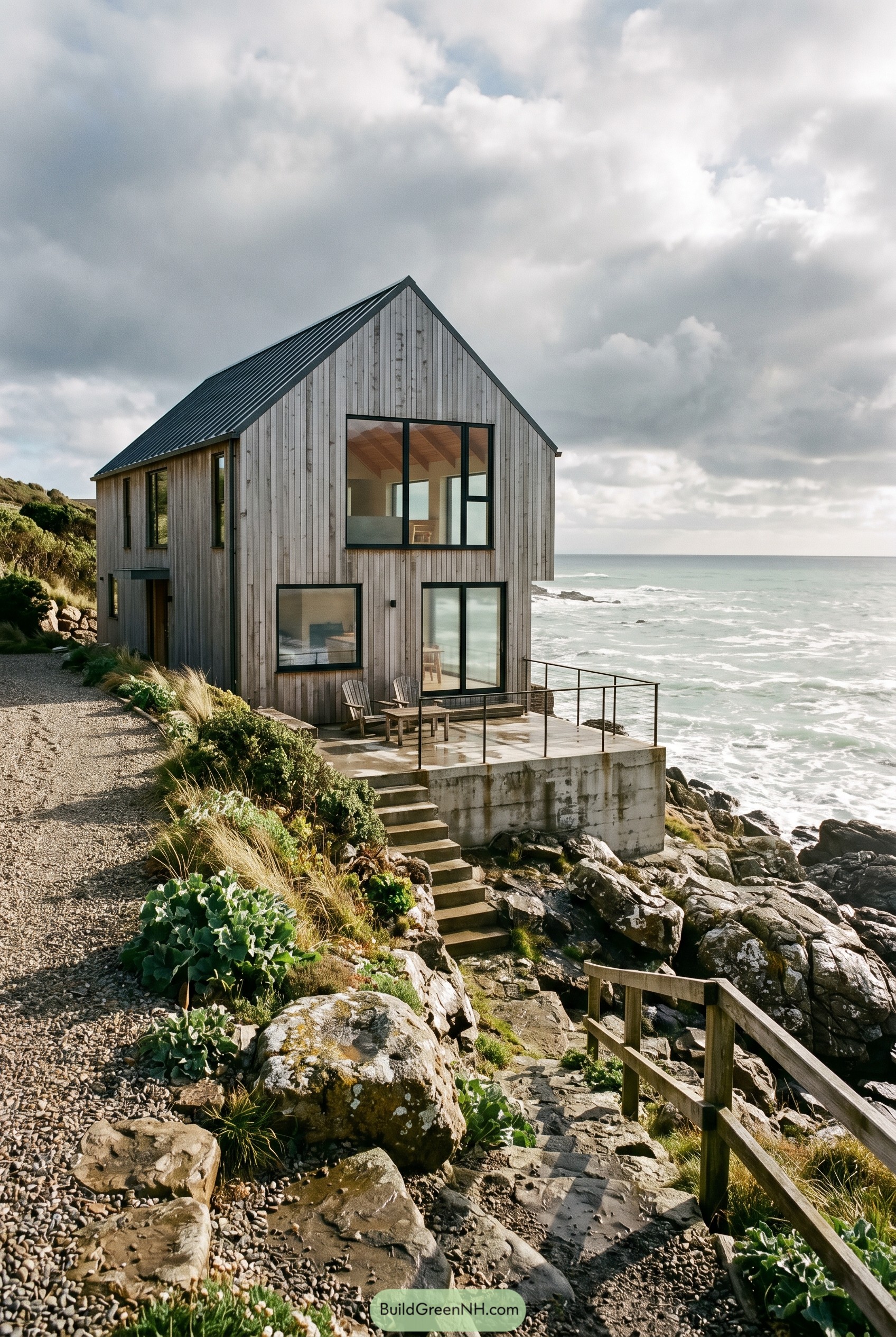 Coastal timber gable house on rocky shore