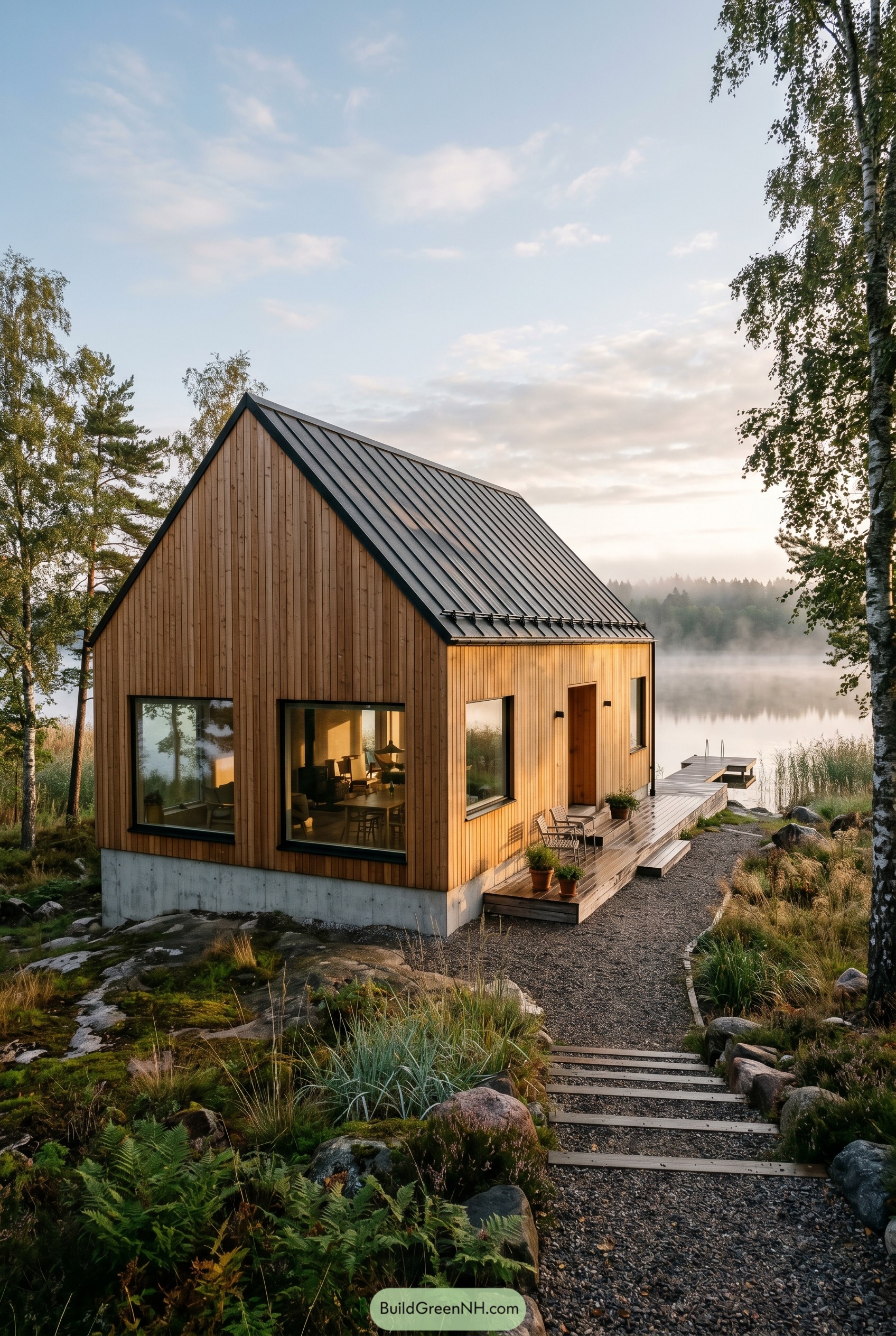 Modern cedar gable house beside a misty lake