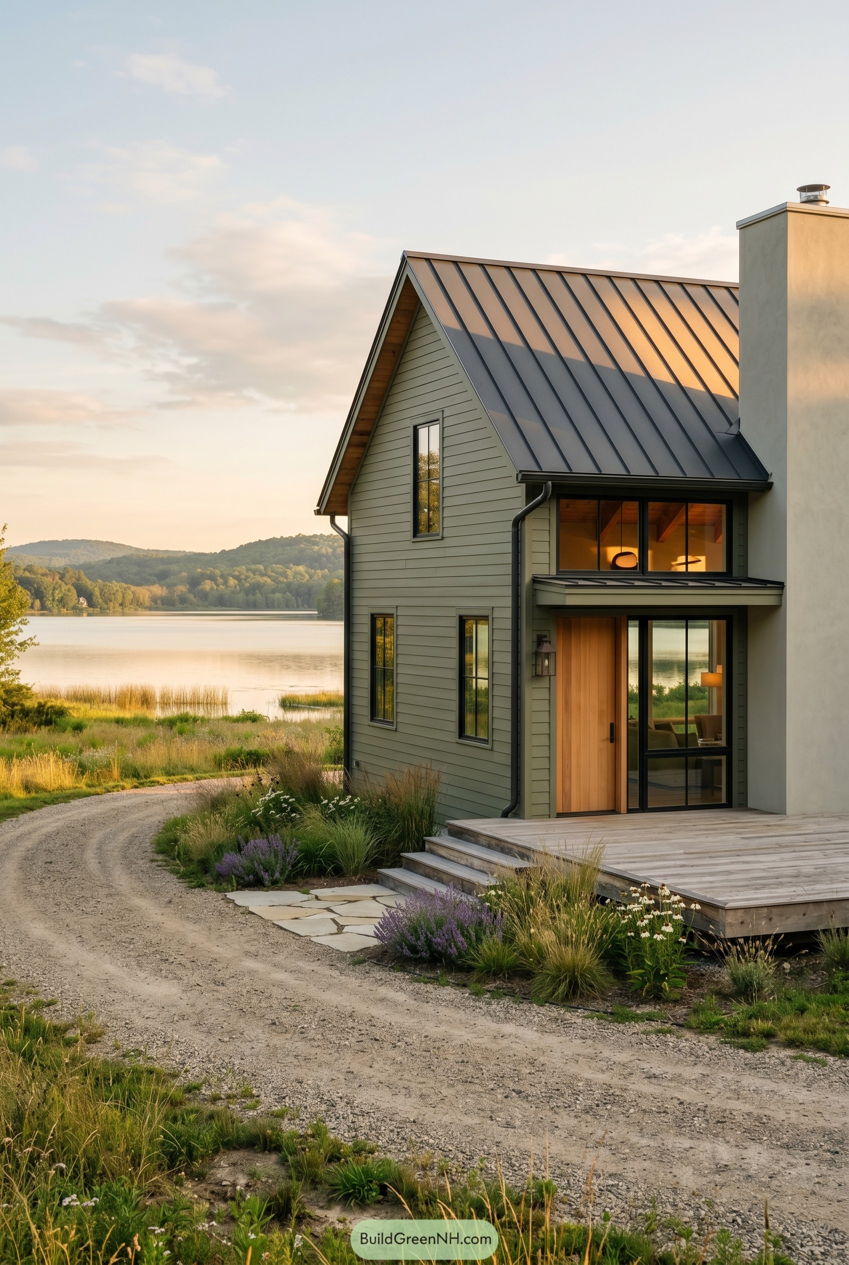 Olive green modern gable house beside a lake