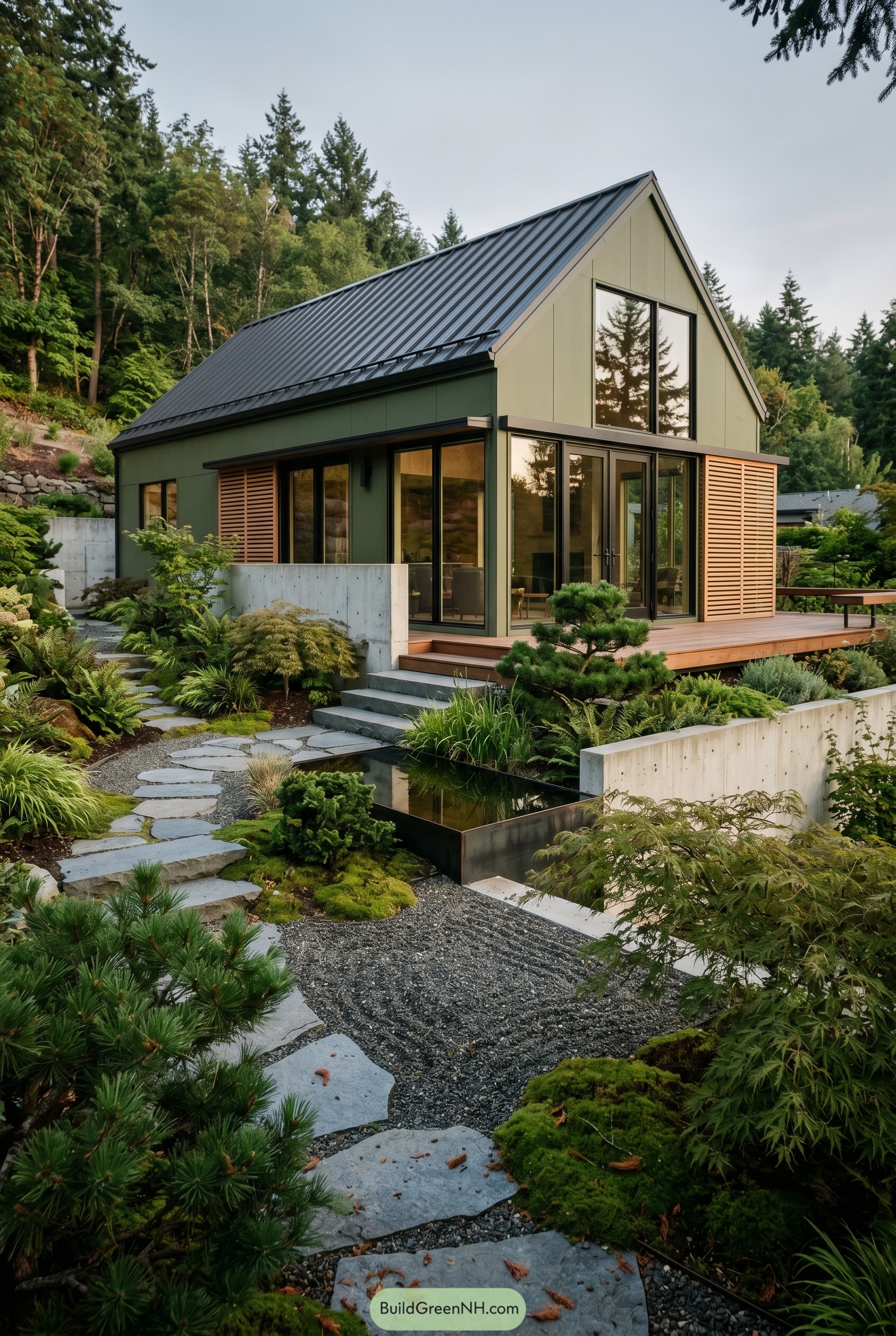 Modern olive green gable house with zen garden