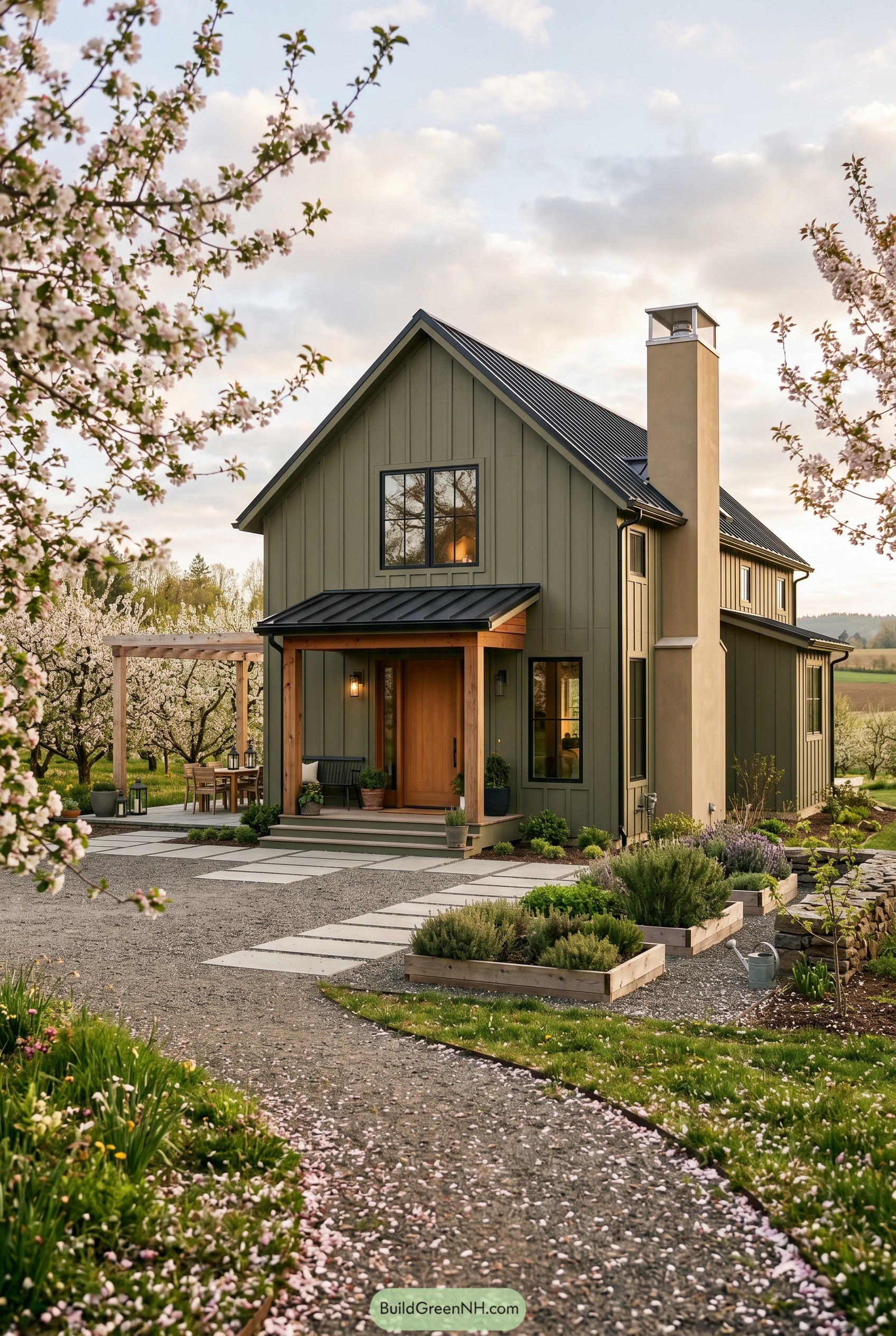 Olive green gable house in blooming orchard