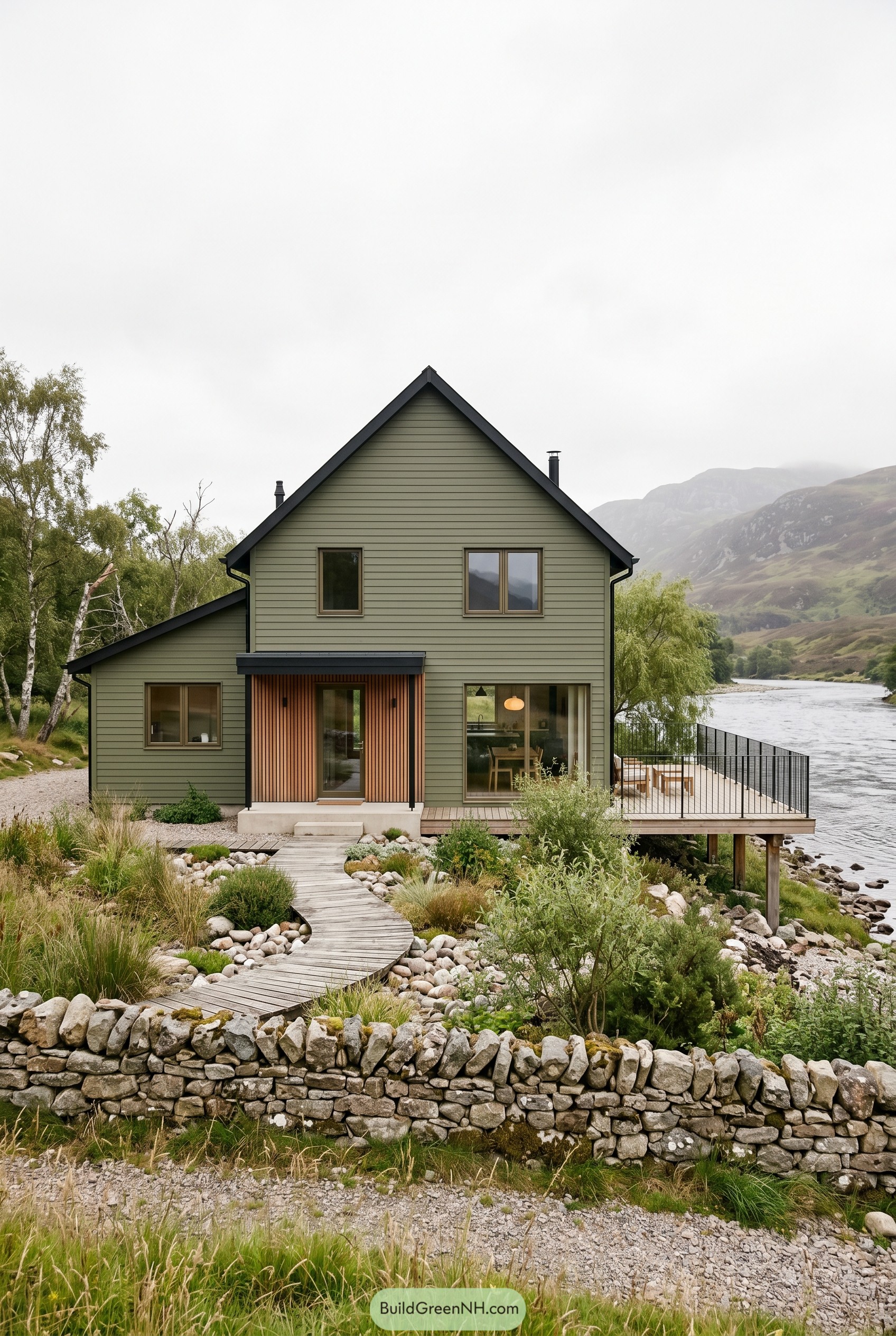 Olive green modern gable house by a river