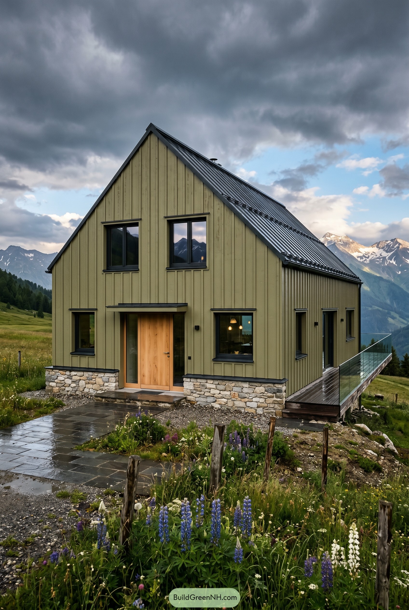Olive green modern gable house in alpine meadow
