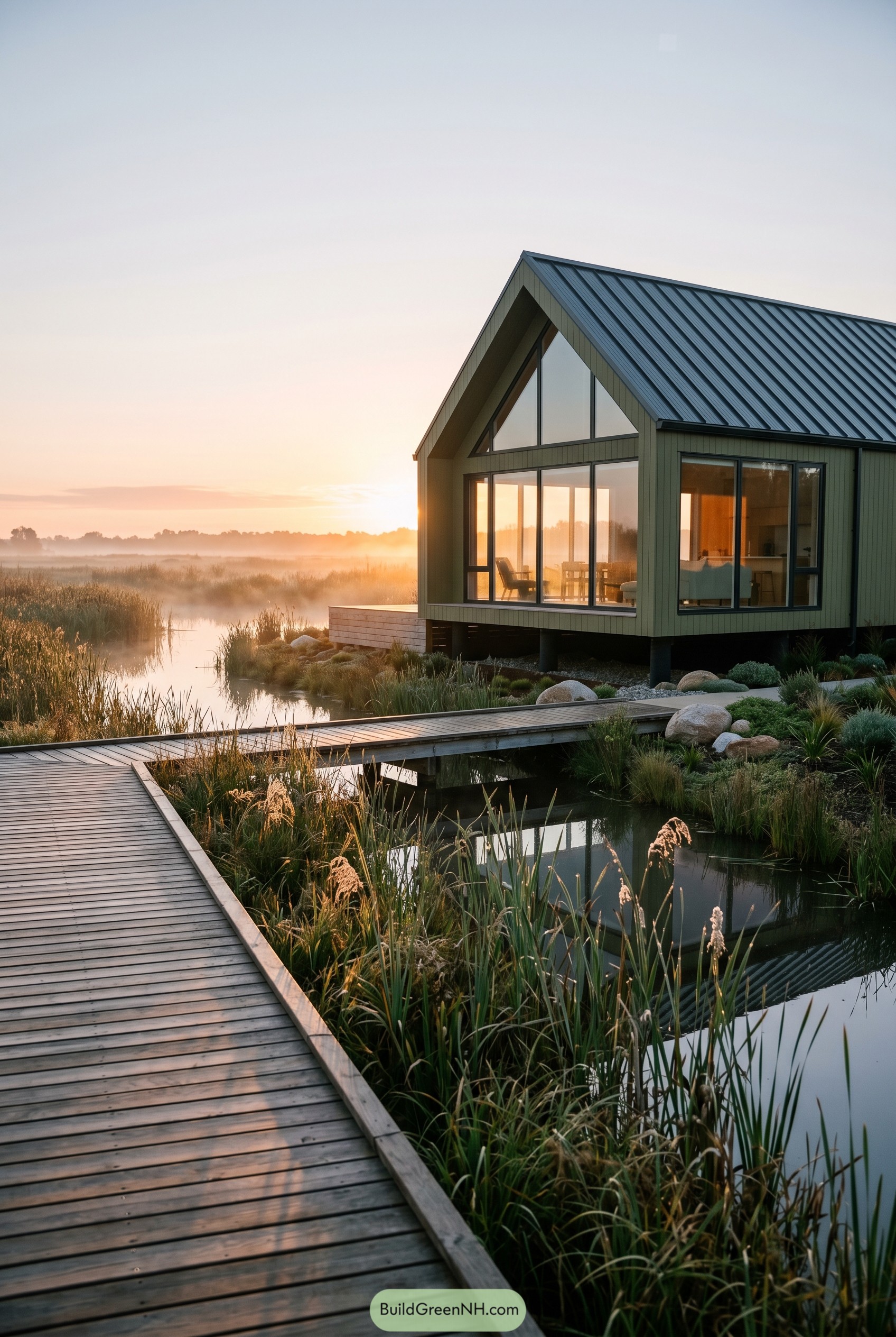 Modern olive green gable house beside marsh
