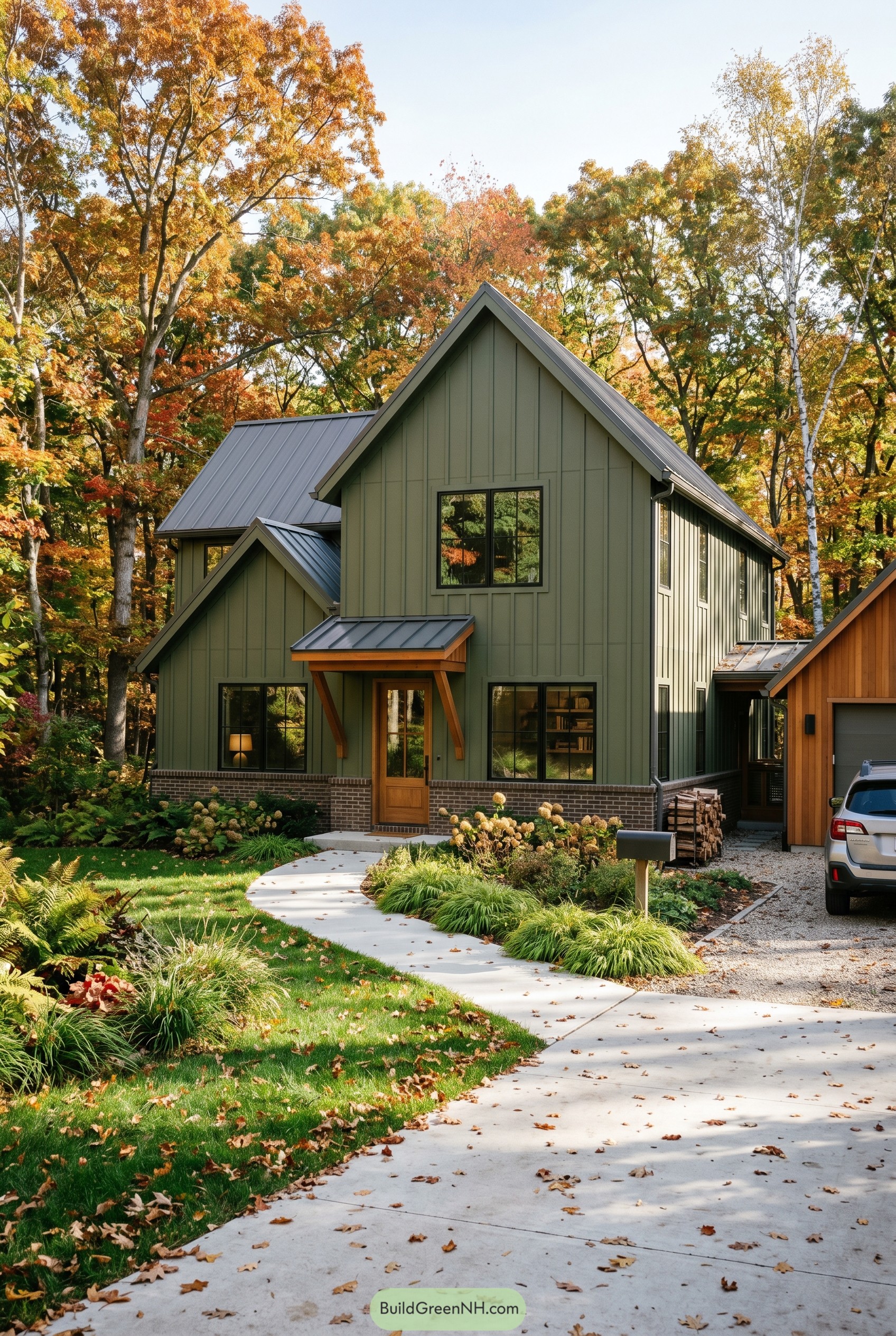 Olive green modern gable house with metal roof