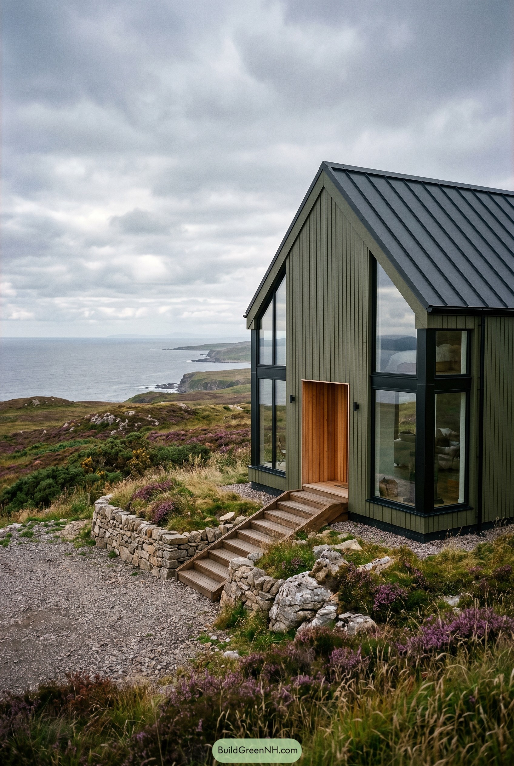 Olive green gable home on rocky coast