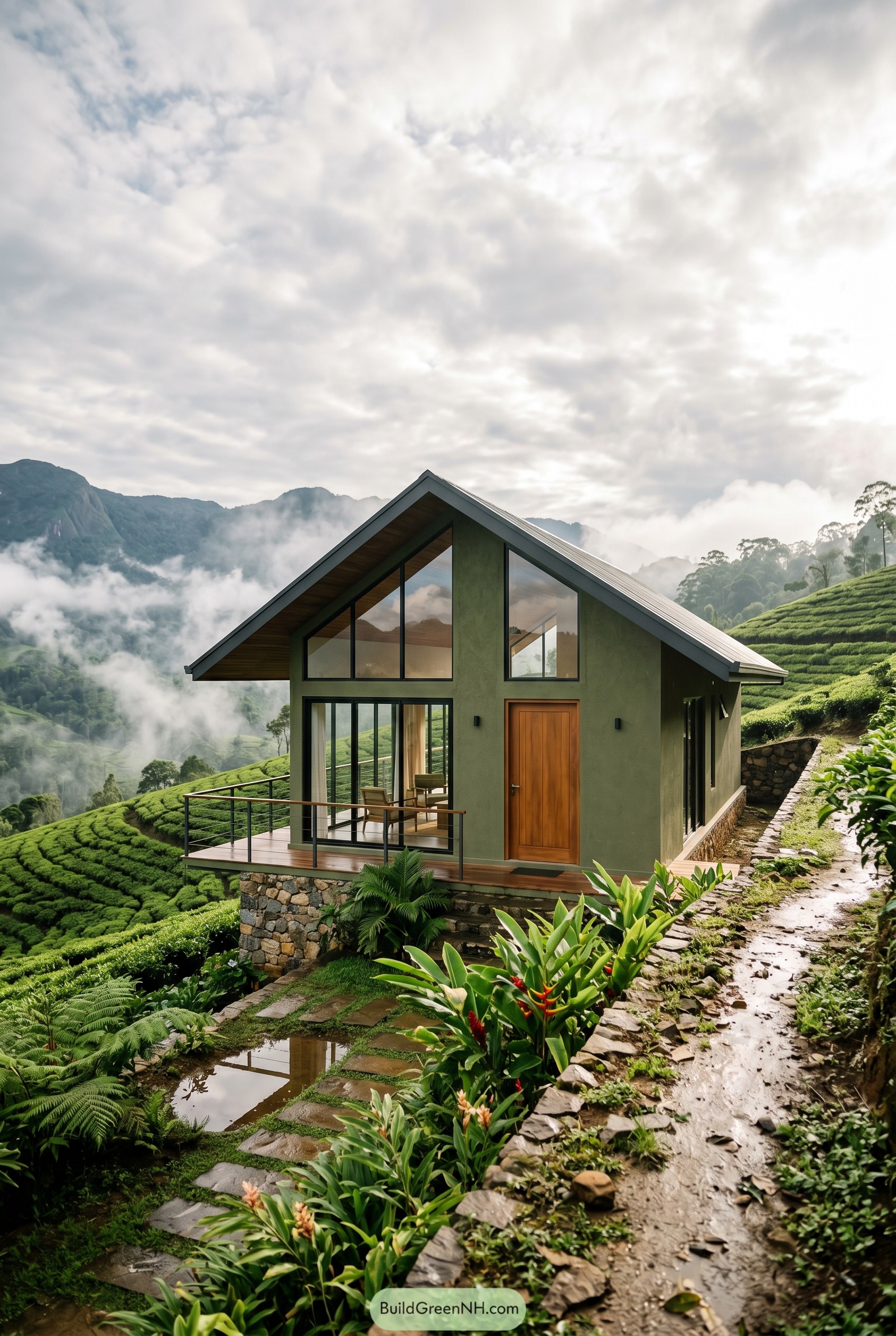 Olive green gable house on misty tea hillside