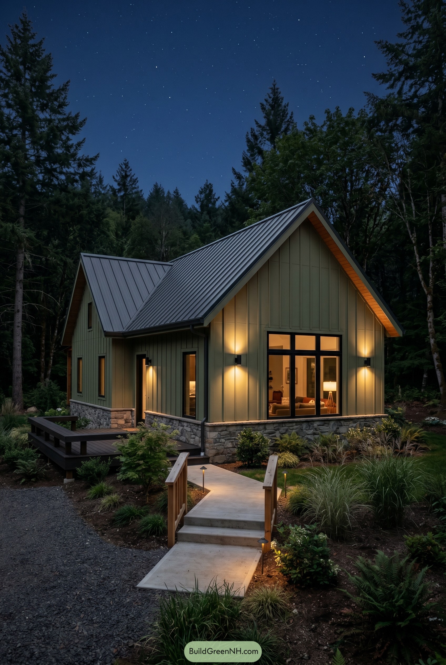 Olive green modern gable house in a forest at night