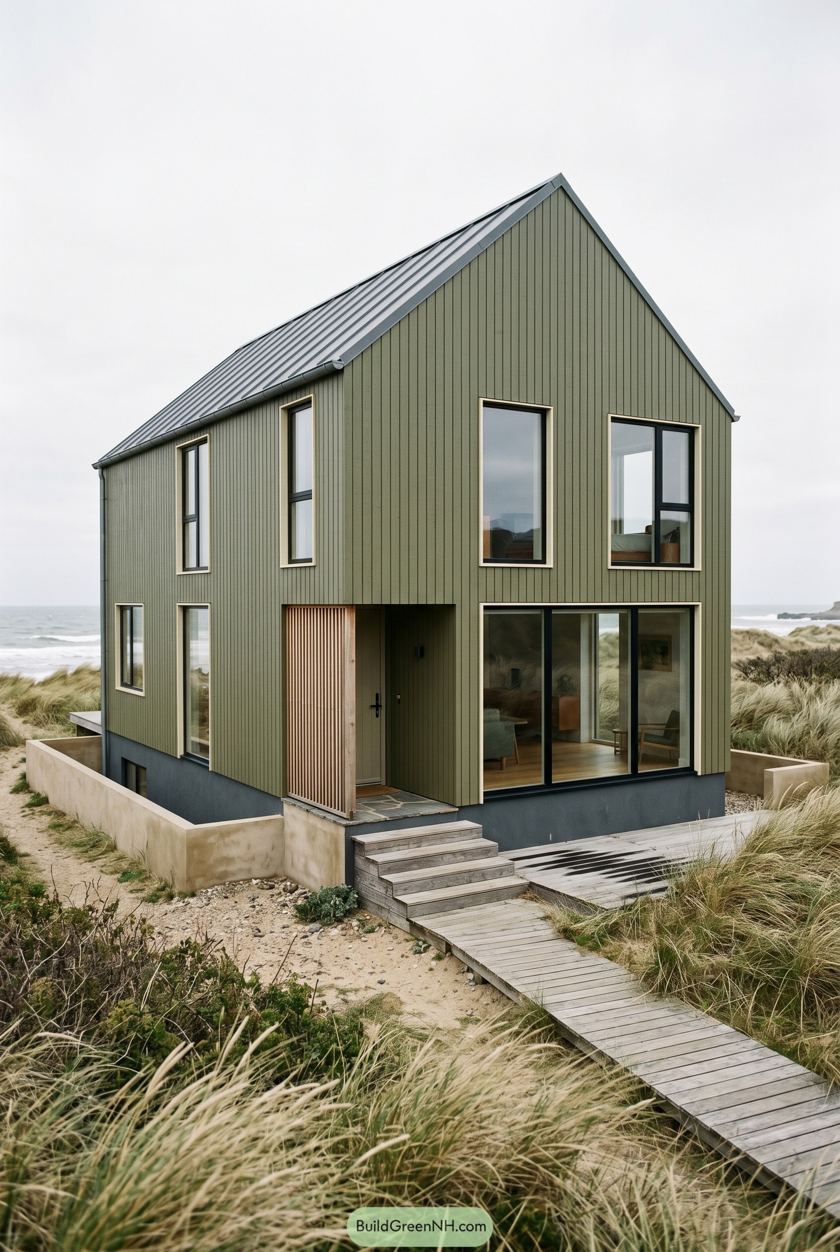 Modern olive green gable house in coastal dunes