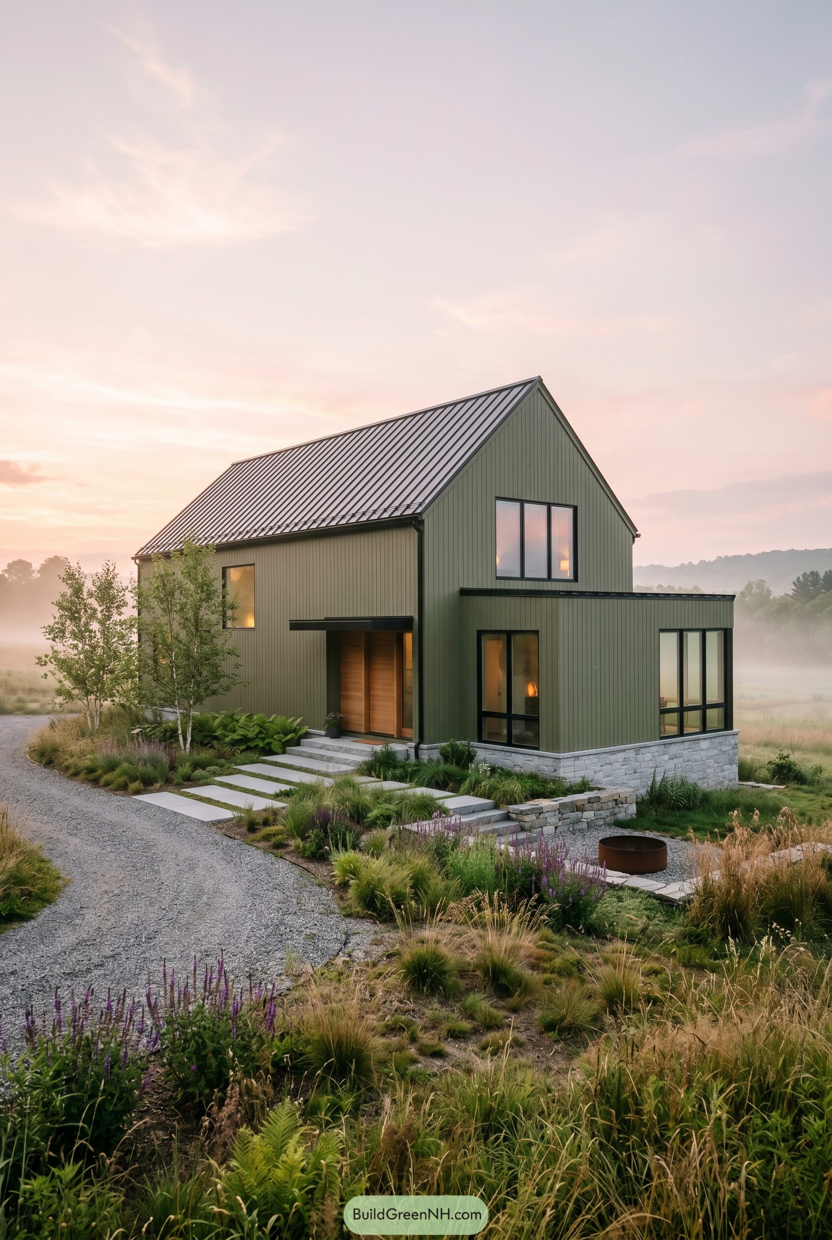 Modern olive green gable house in a meadow
