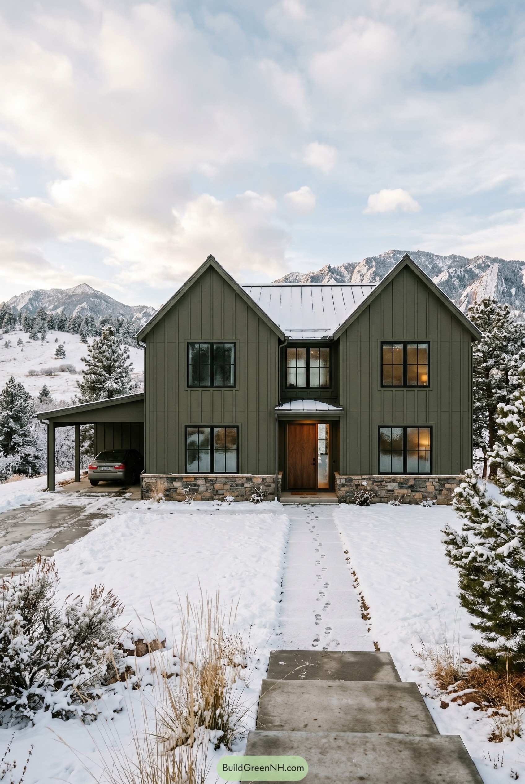 Olive green twin gable house in snow