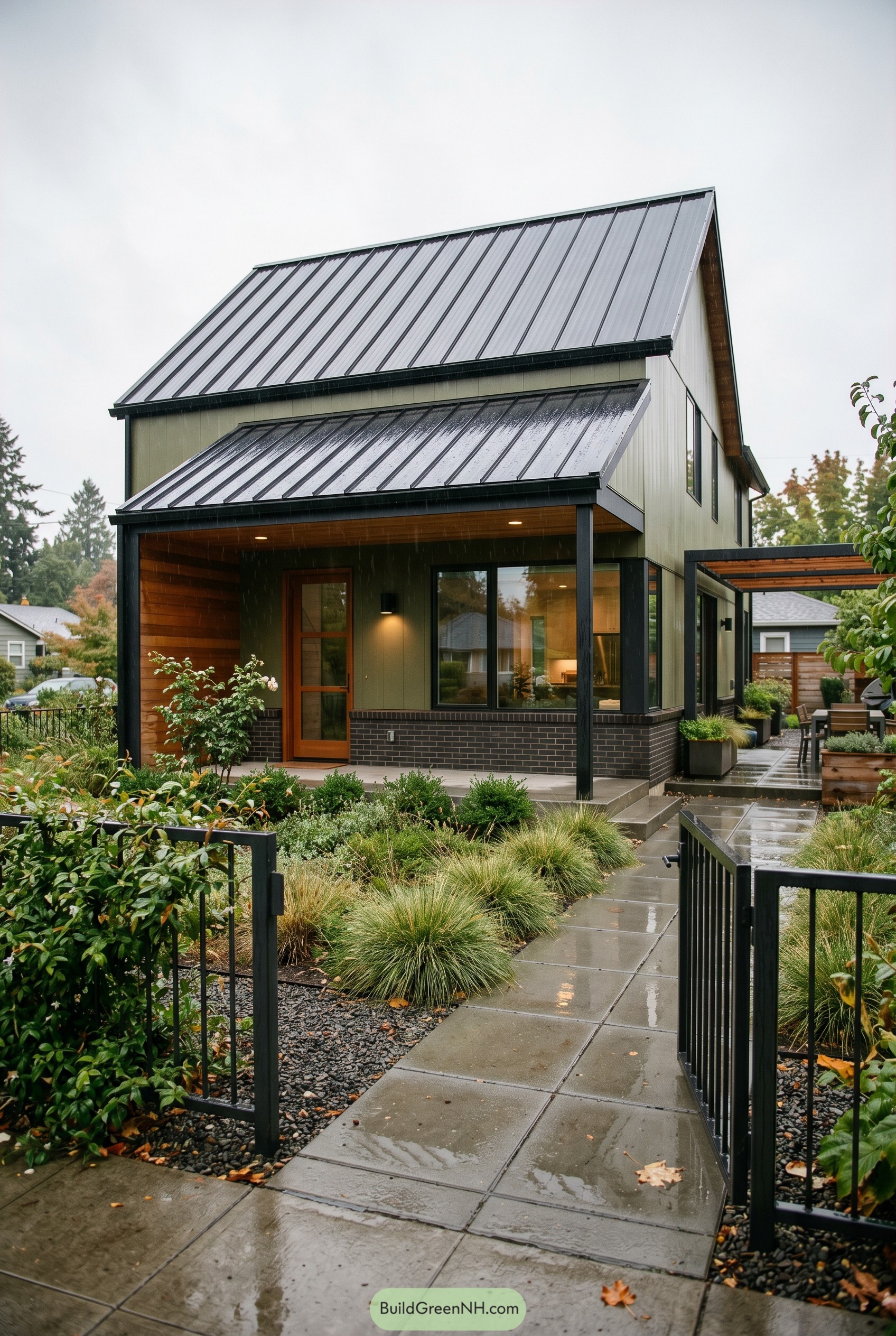 Modern olive green gable house with black metal roof
