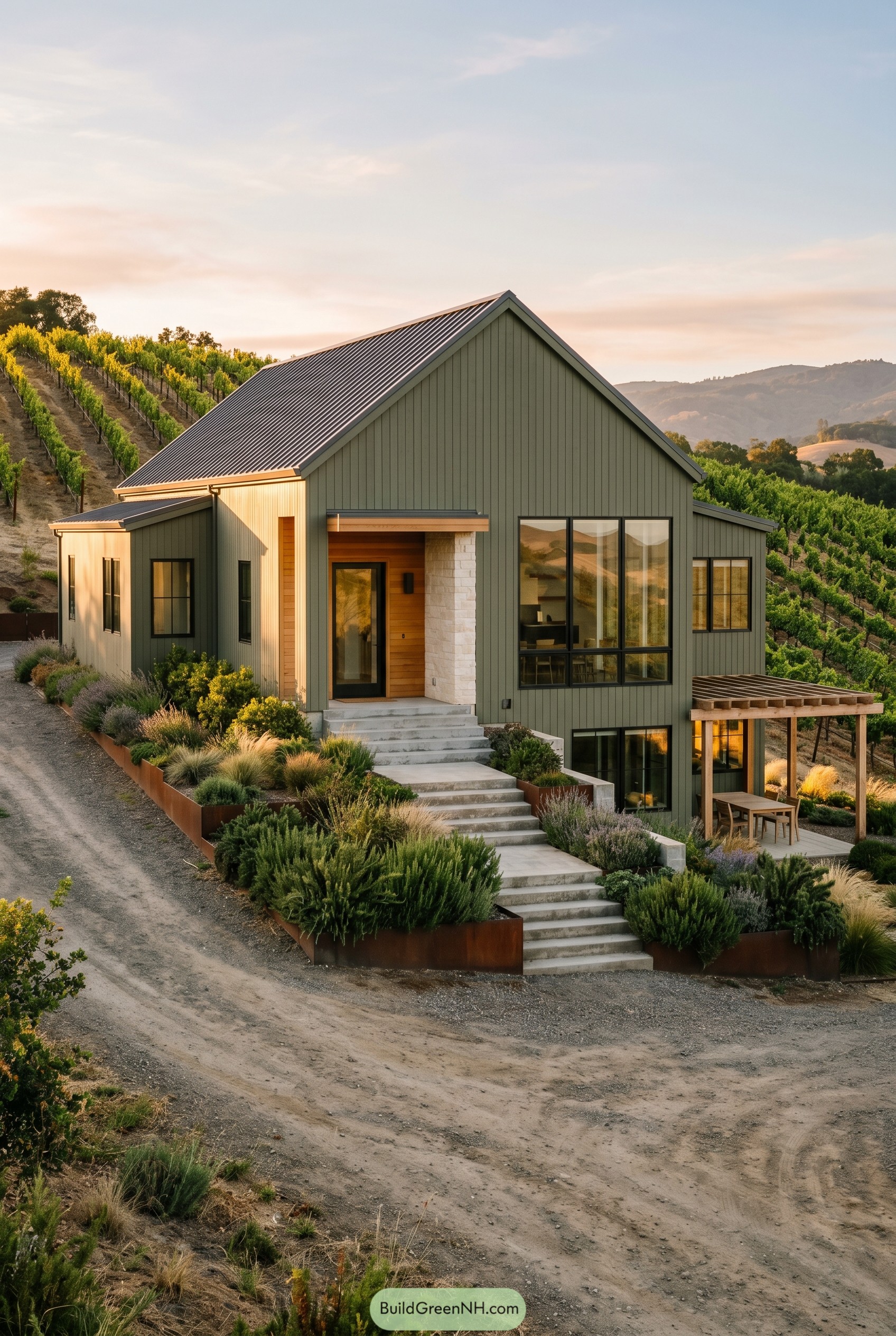 Olive green gable house on a vineyard slope