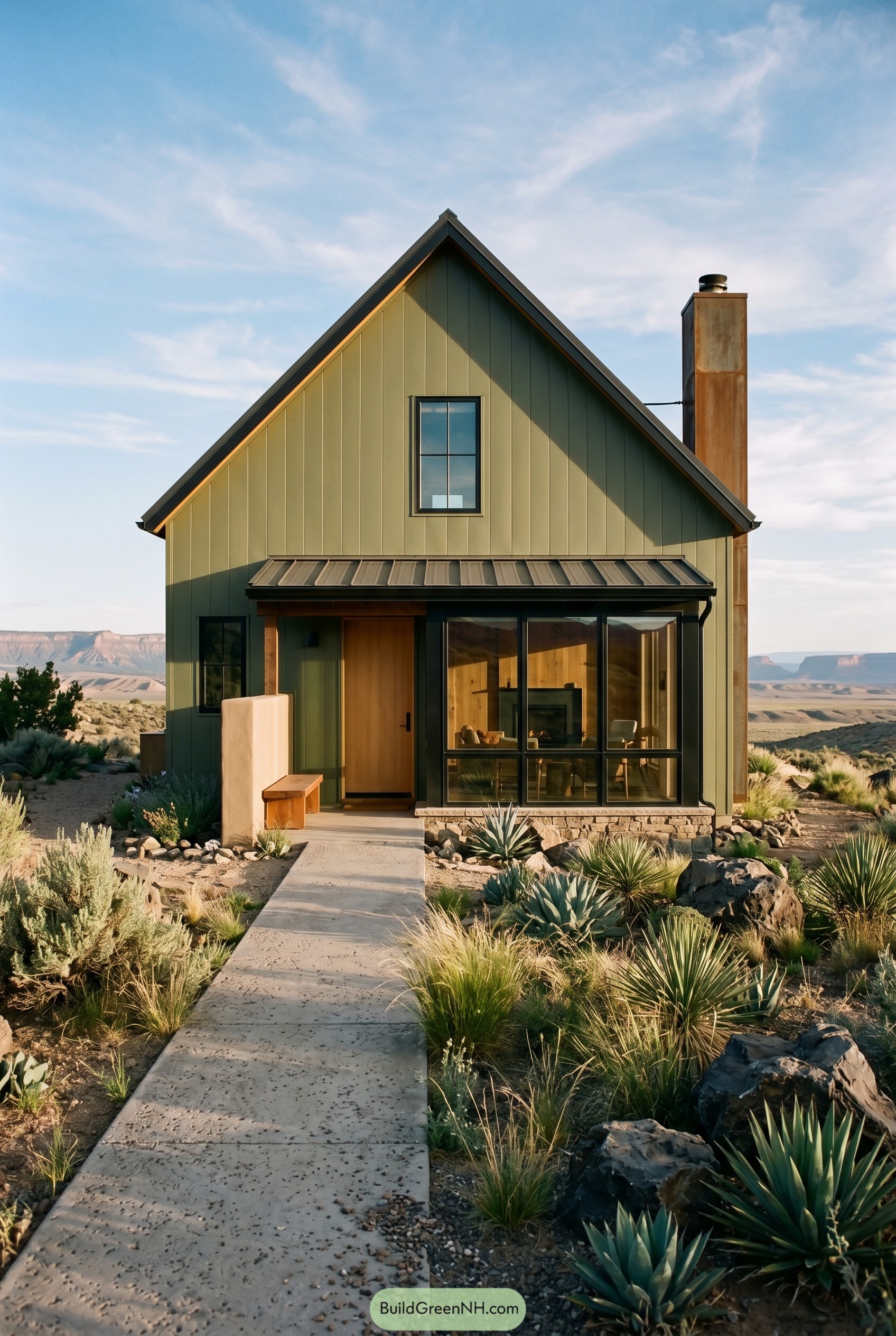 Modern olive green gable house in desert