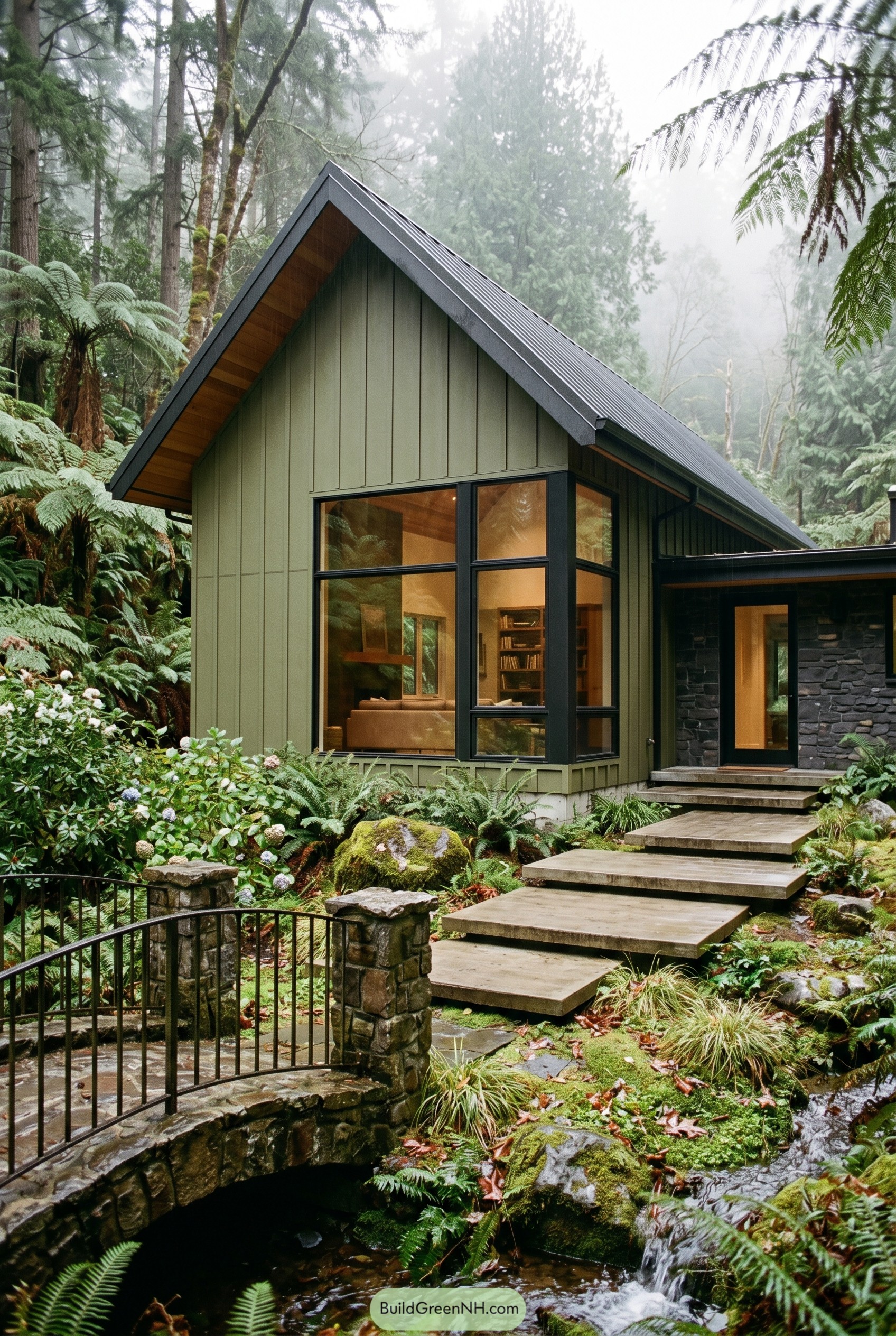 Olive green gable house in lush fern forest