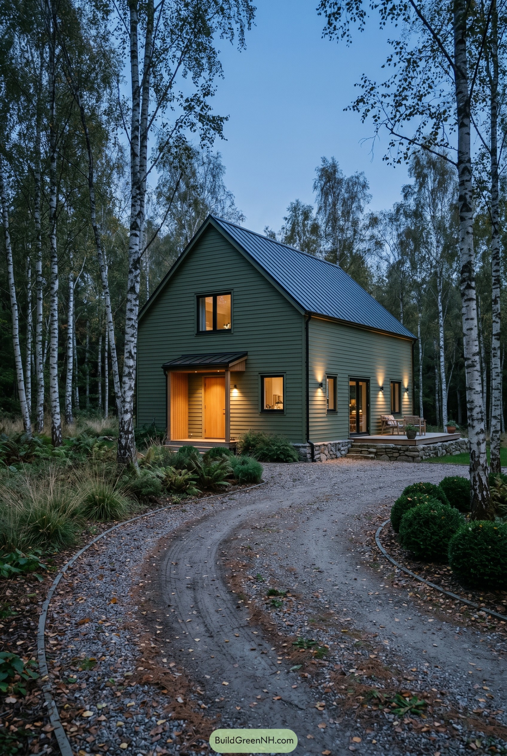 Olive green gable house in a birch forest