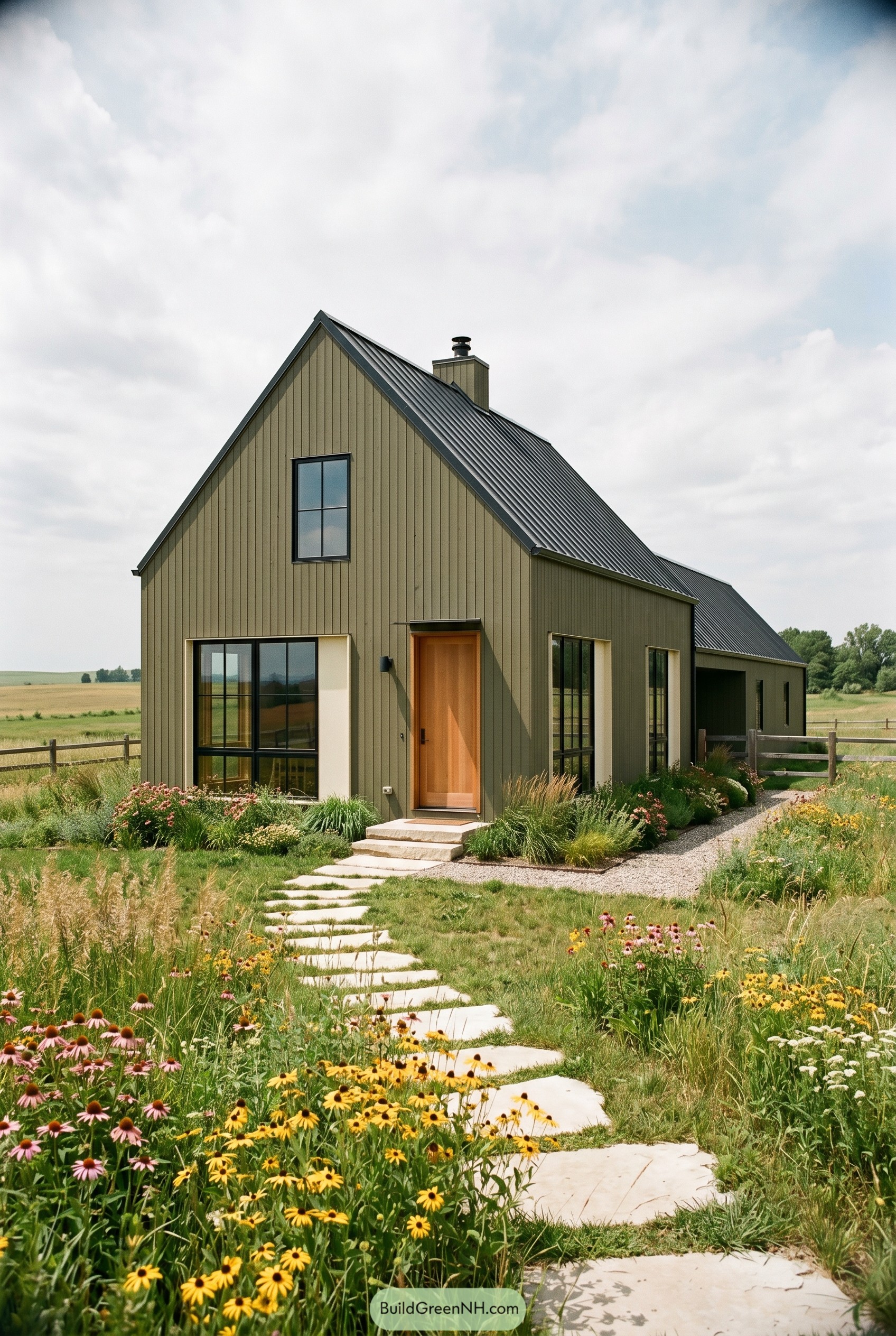 Olive green modern gable house in a wildflower meadow