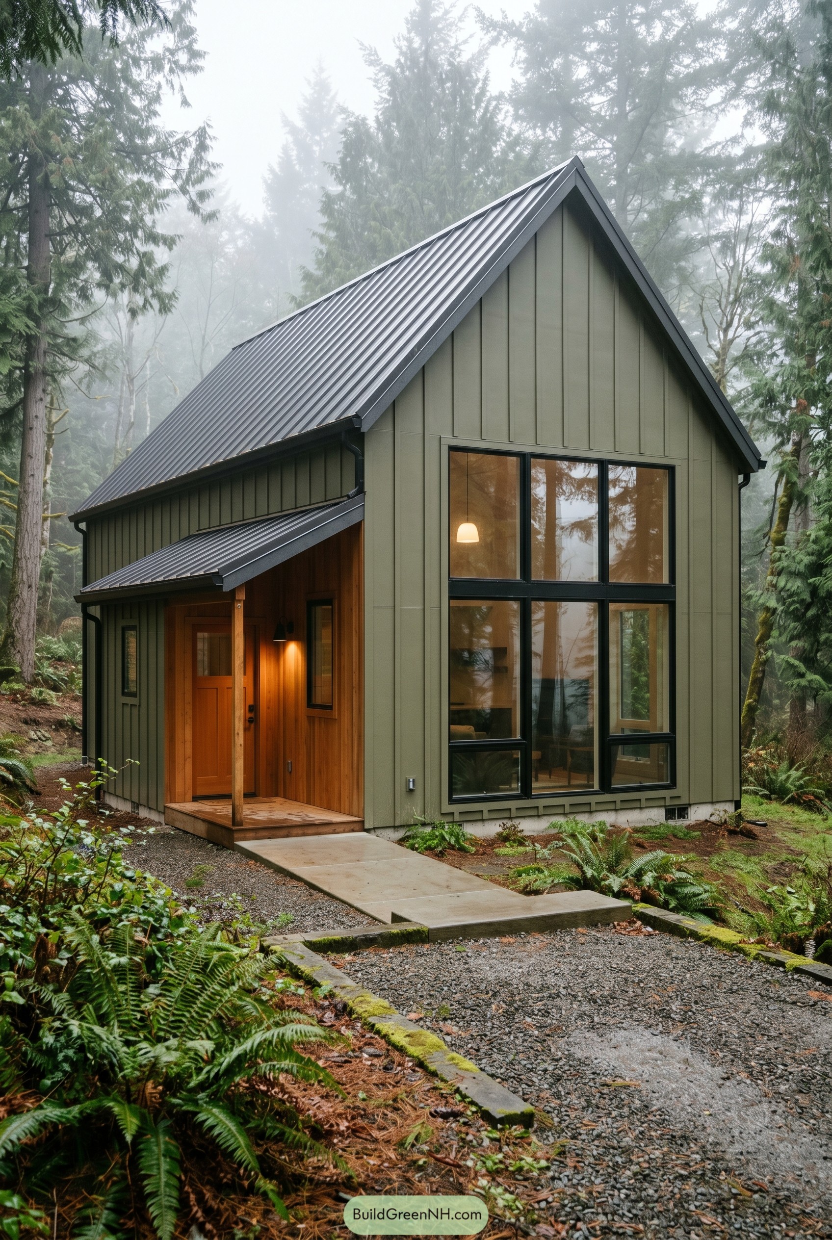 Olive green modern gable house in forest