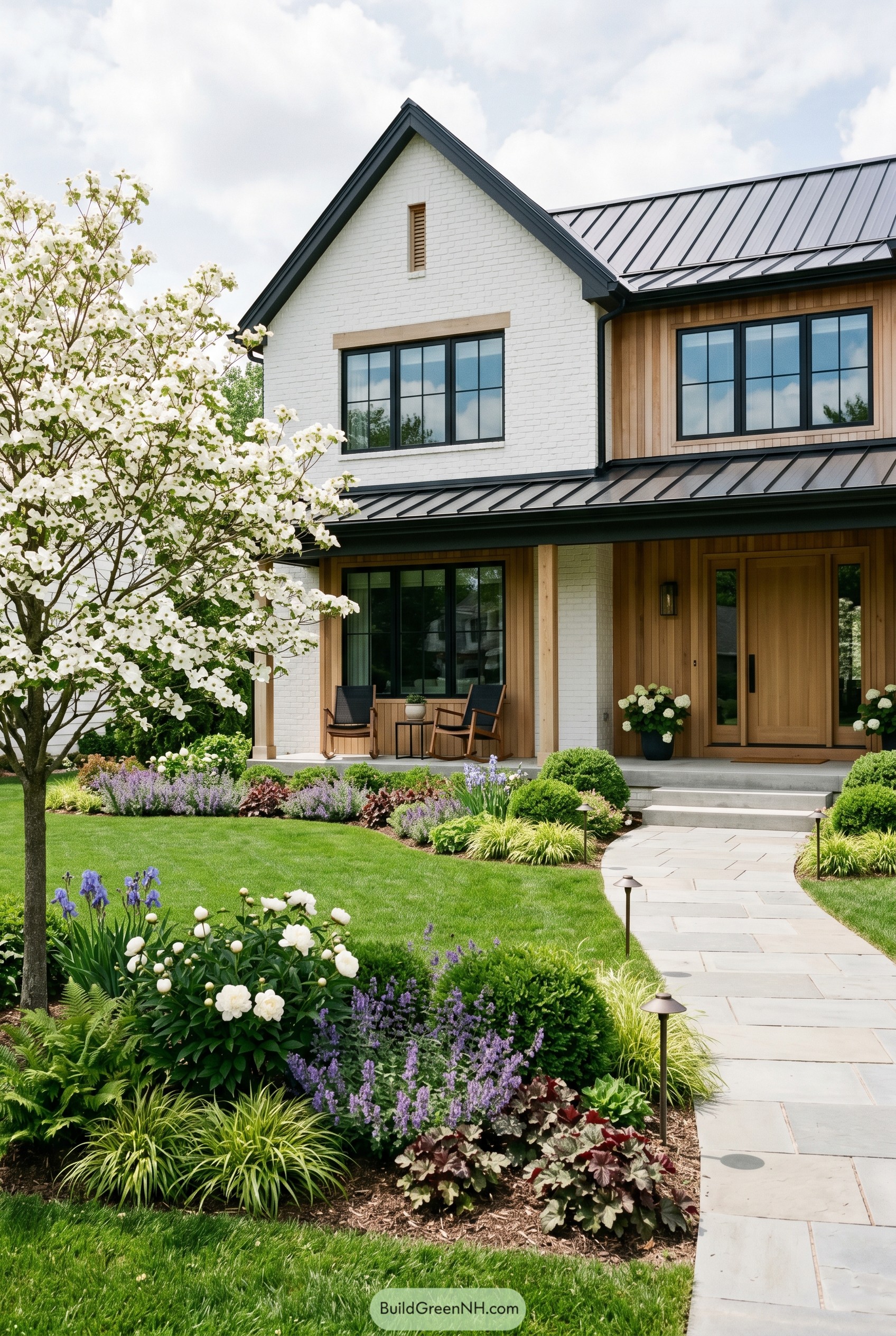 Modern white brick gabled house with lush front garden