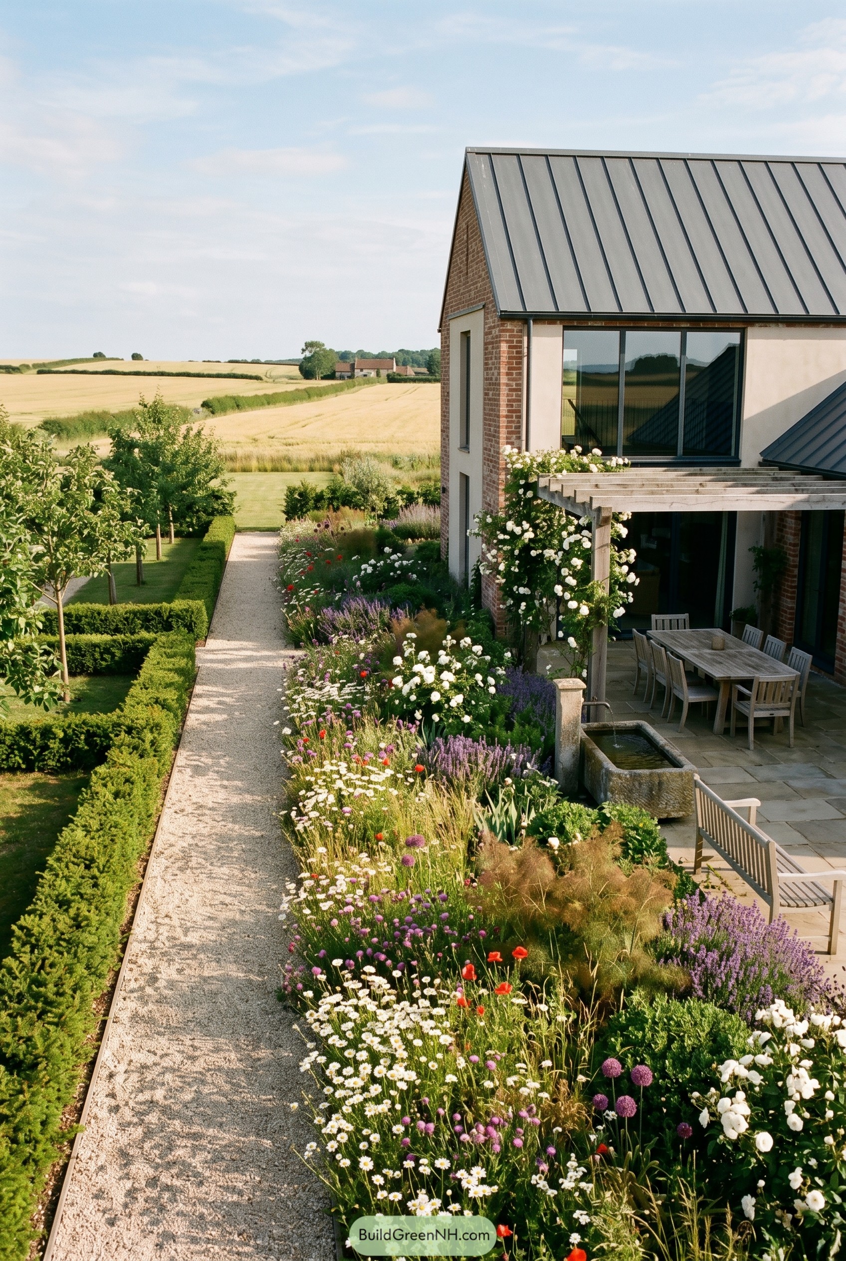 Modern gabled house with wildflower path and pergola